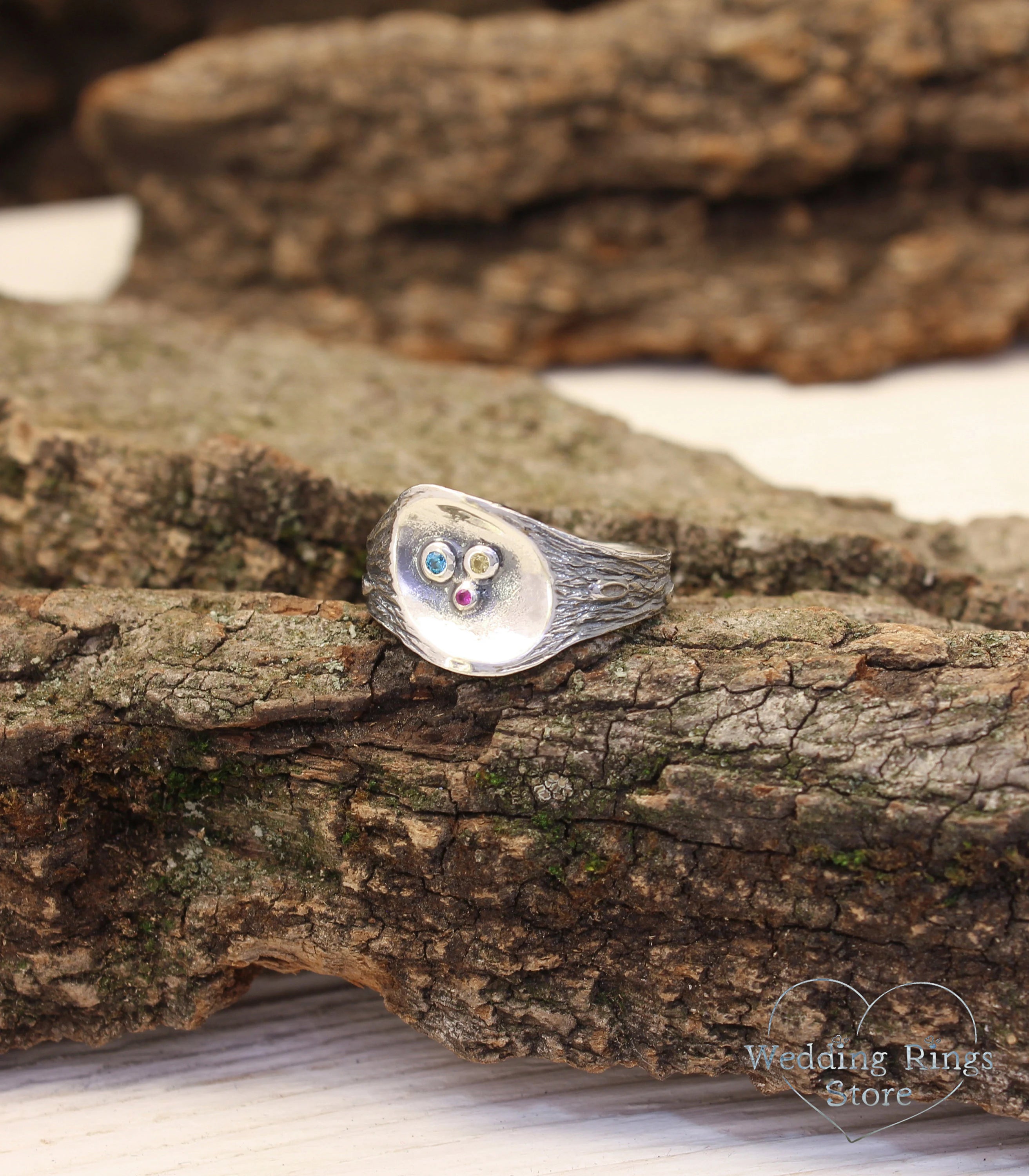 Three Custom Birthstones Silver Branch Nature Ring