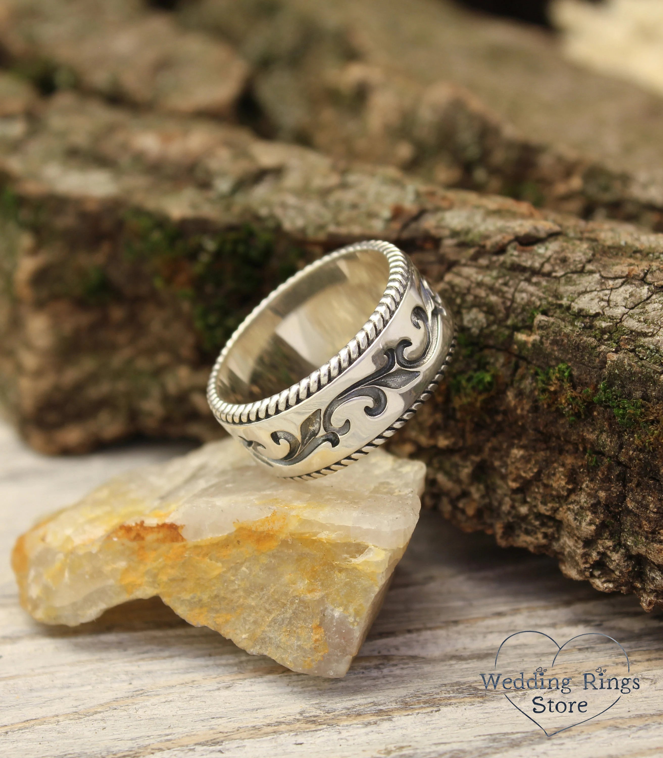 Durable Silver Vintage style Vine Ring — Unisex Massive Wedding Band