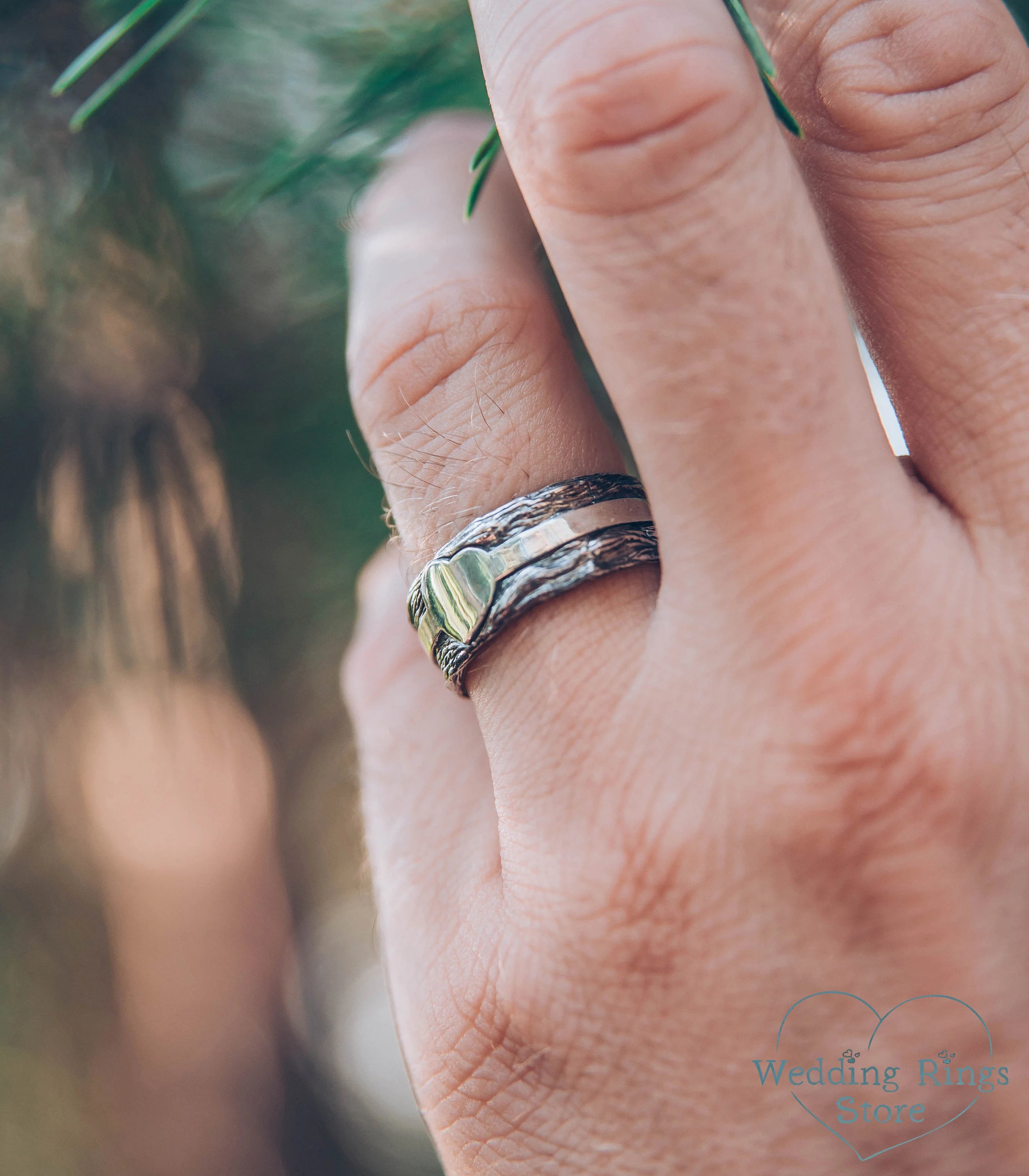 Forest Woodbark & Heart Men's Wide Wedding Band Silver