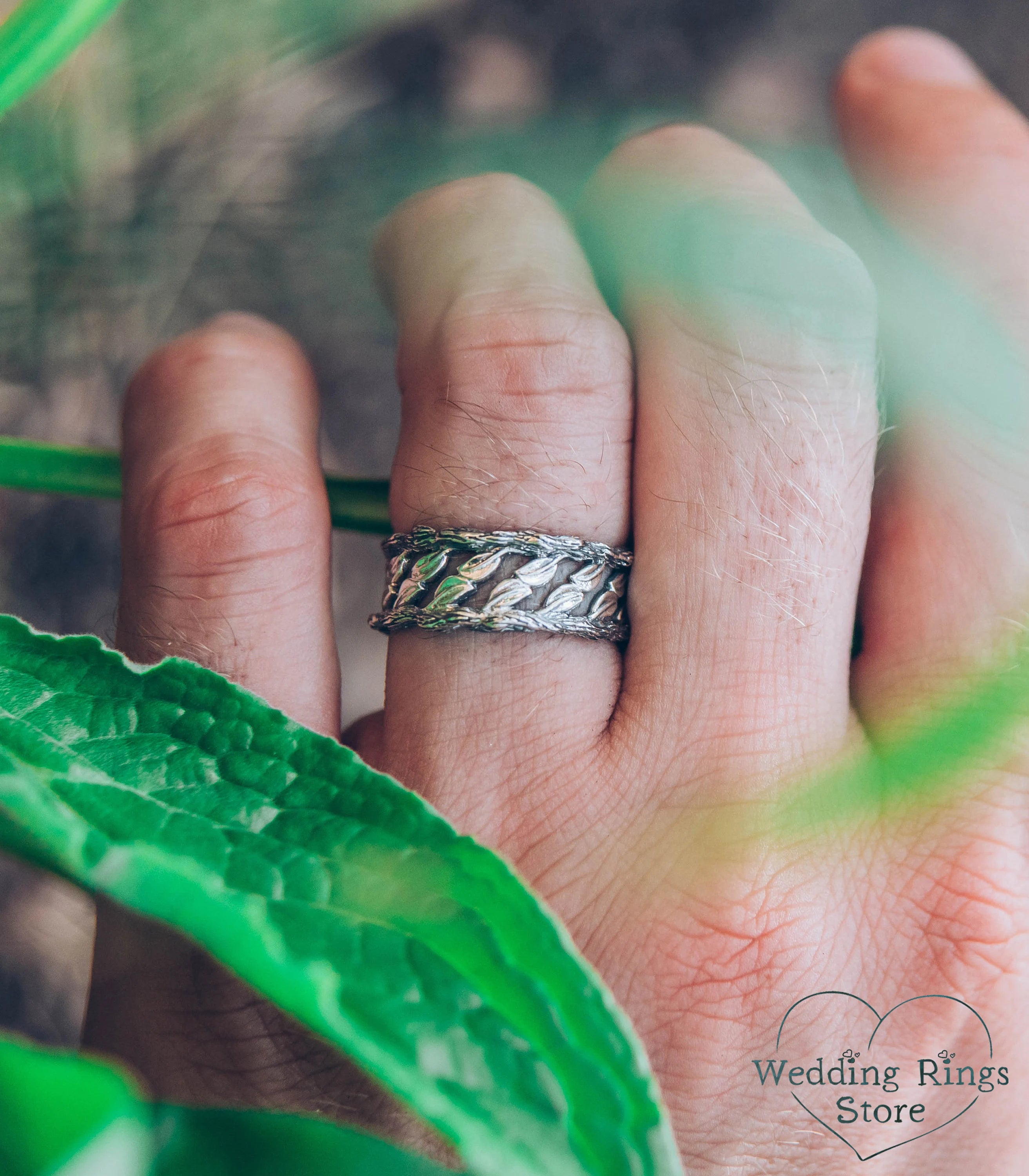 Tree & Leaf Wide Wedding Band for Him Sterling Silver