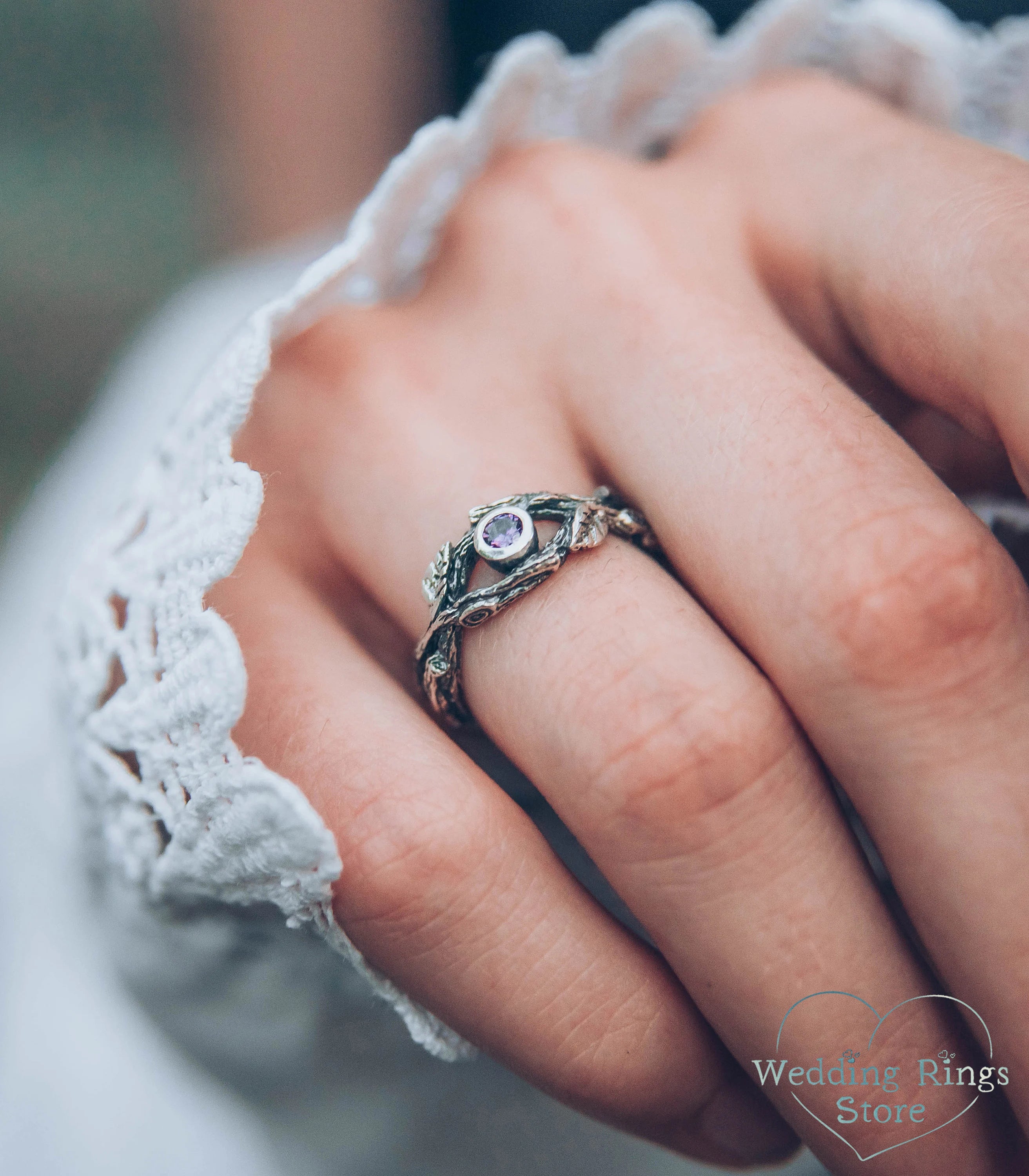 Silver Braided Branch and Leaves with Amethyst Engagement Ring