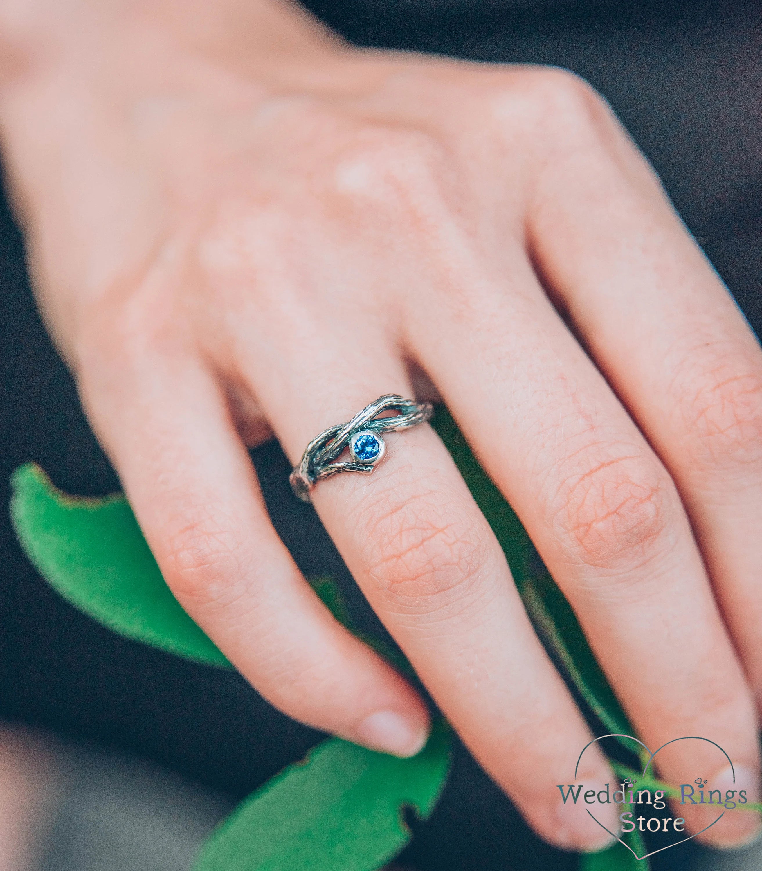 Delicate Silver Twisted Branch Topaz Engagement Ring