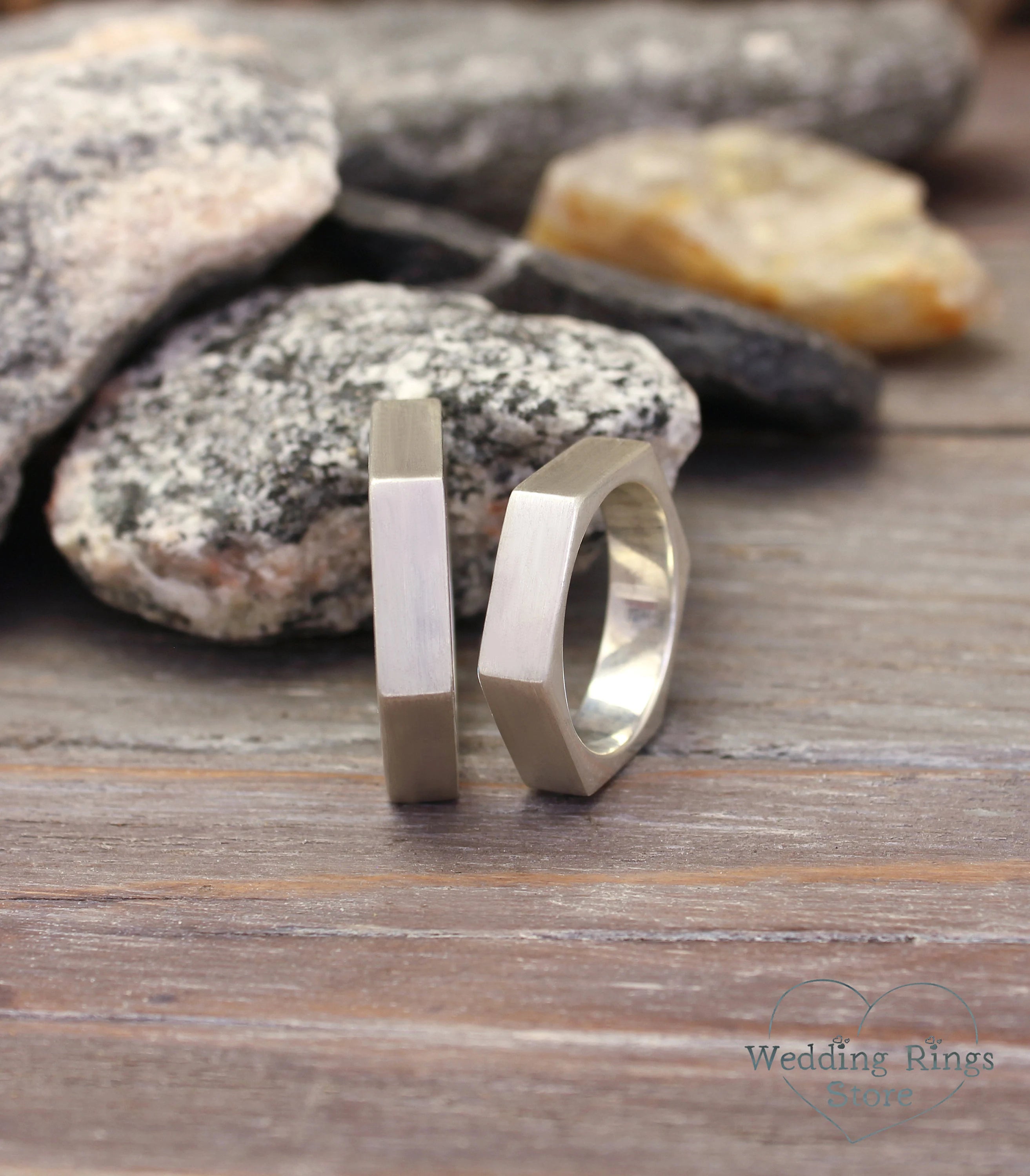 Minimalist Silver Hexagon Wedding Rings for Couple