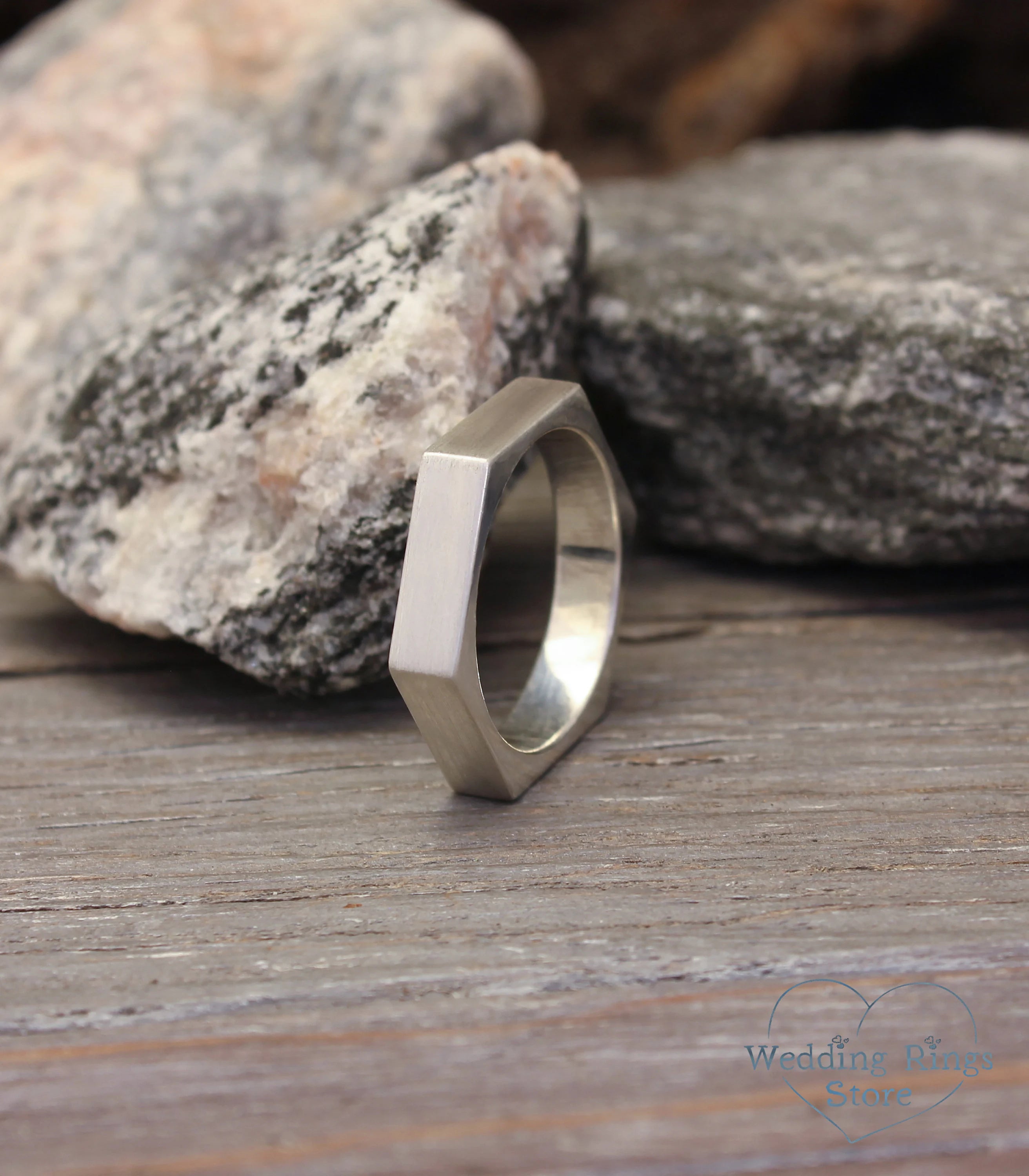 Minimalist Silver Hexagon Wedding Rings for Couple