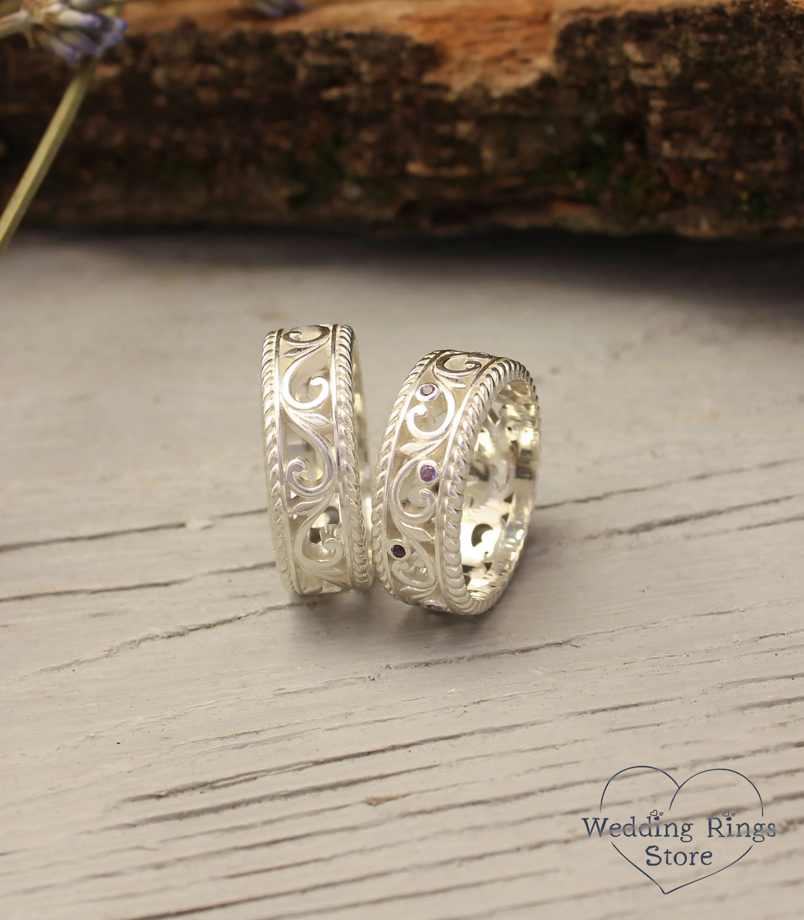 Vintage style Vine & Amethysts Couple Rings Set