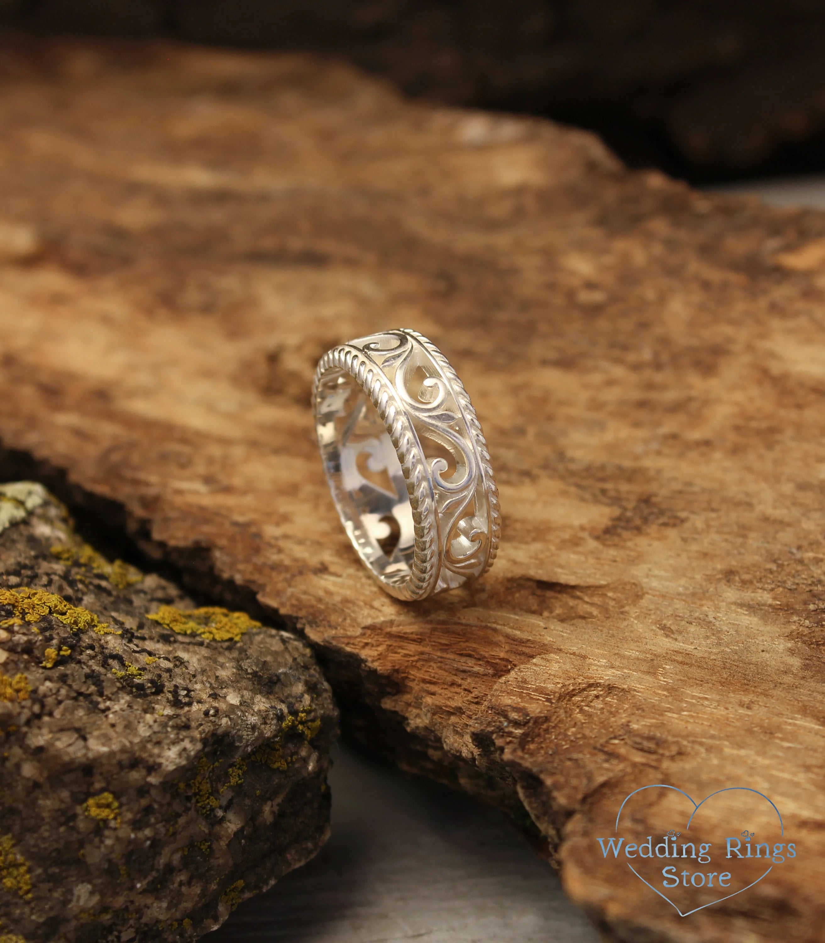 Vintage style Vine & Amethysts Couple Rings Set