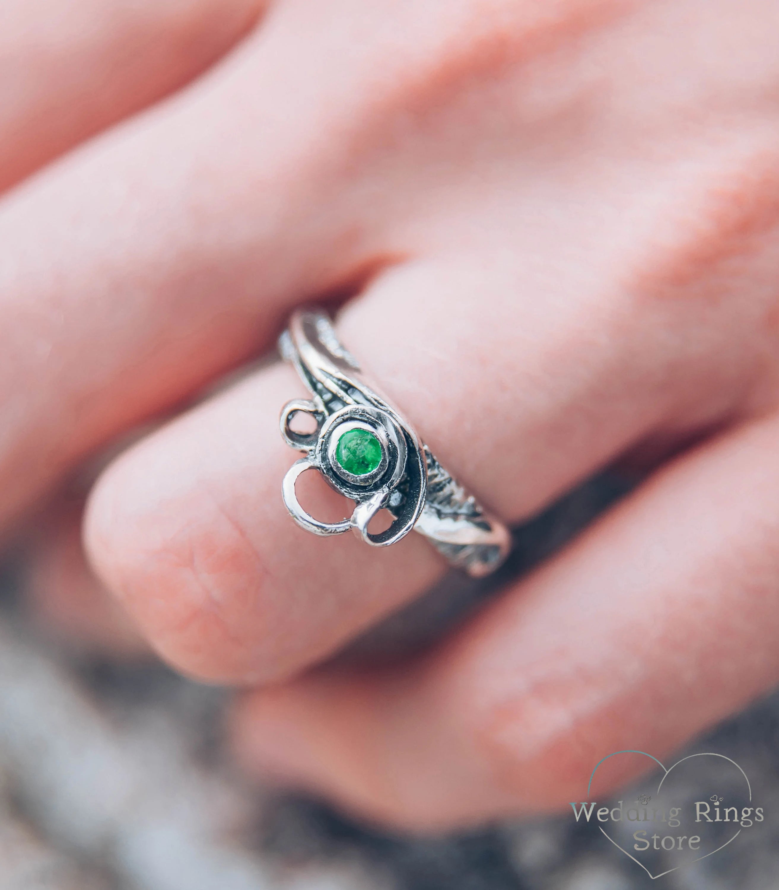 Green Lab Emerald Engagement Ring with Weave Leaves made in Silver