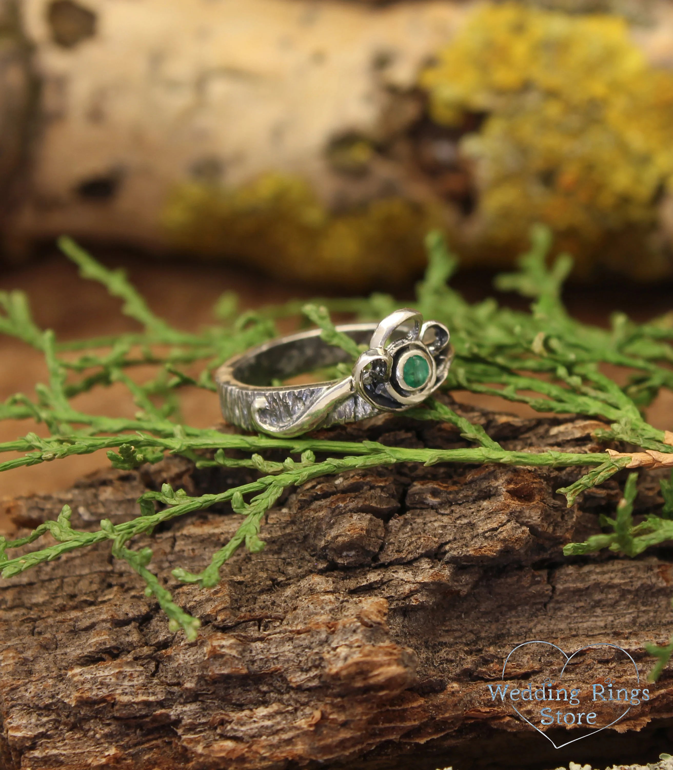 Green Lab Emerald Engagement Ring with Weave Leaves made in Silver
