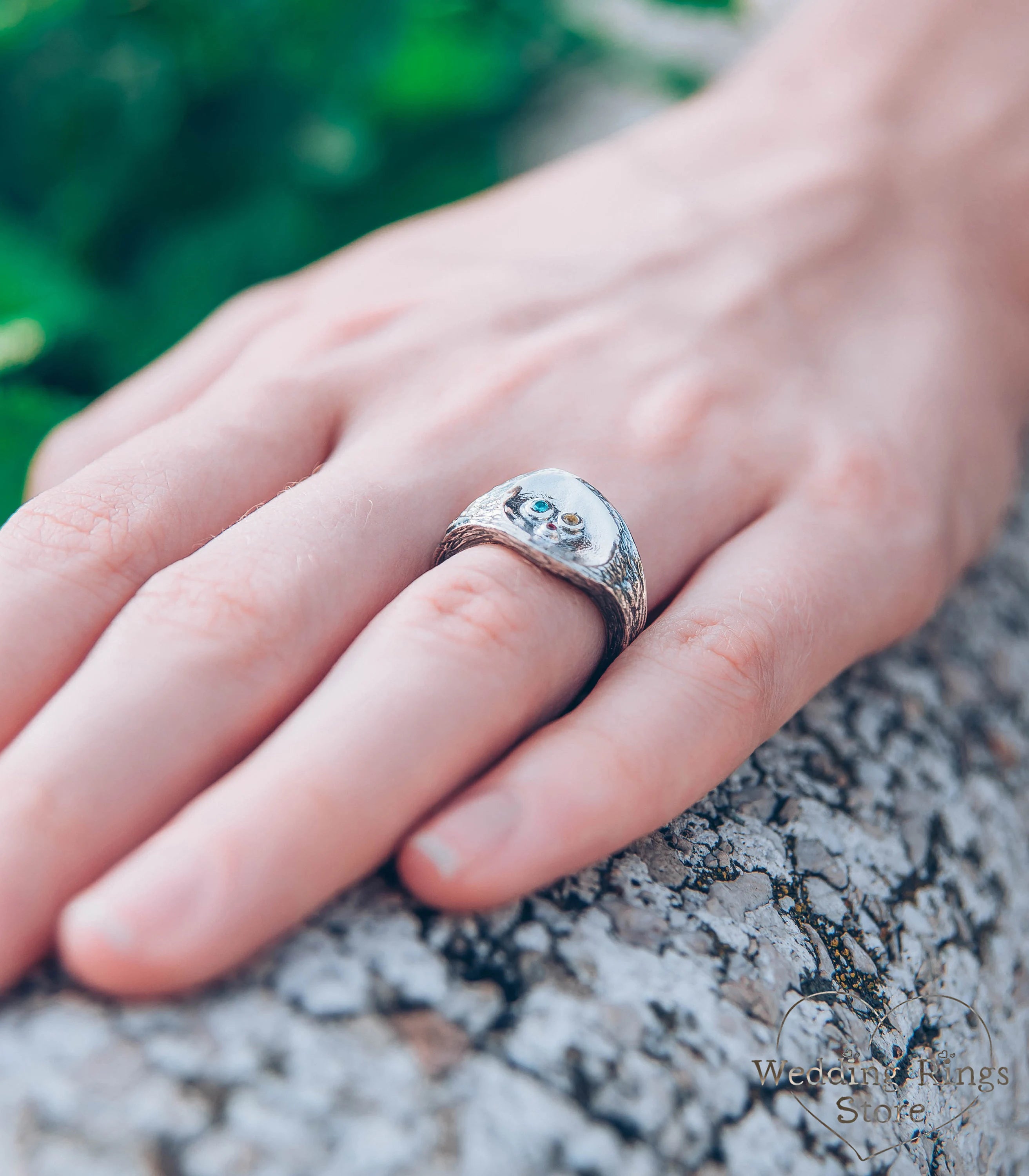 Three Custom Birthstones Silver Branch Nature Ring