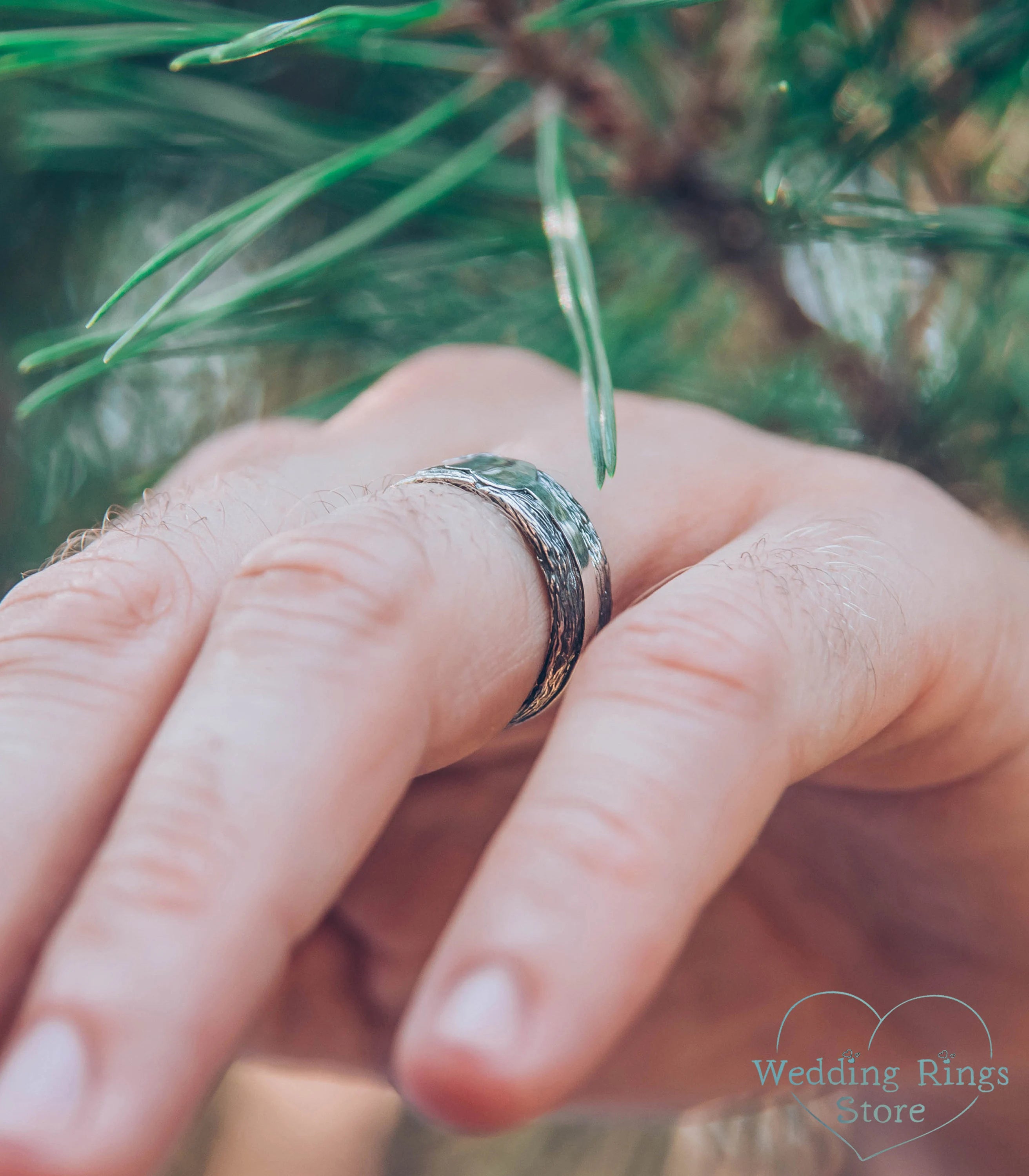 Forest Woodbark & Heart Men's Wide Wedding Band Silver