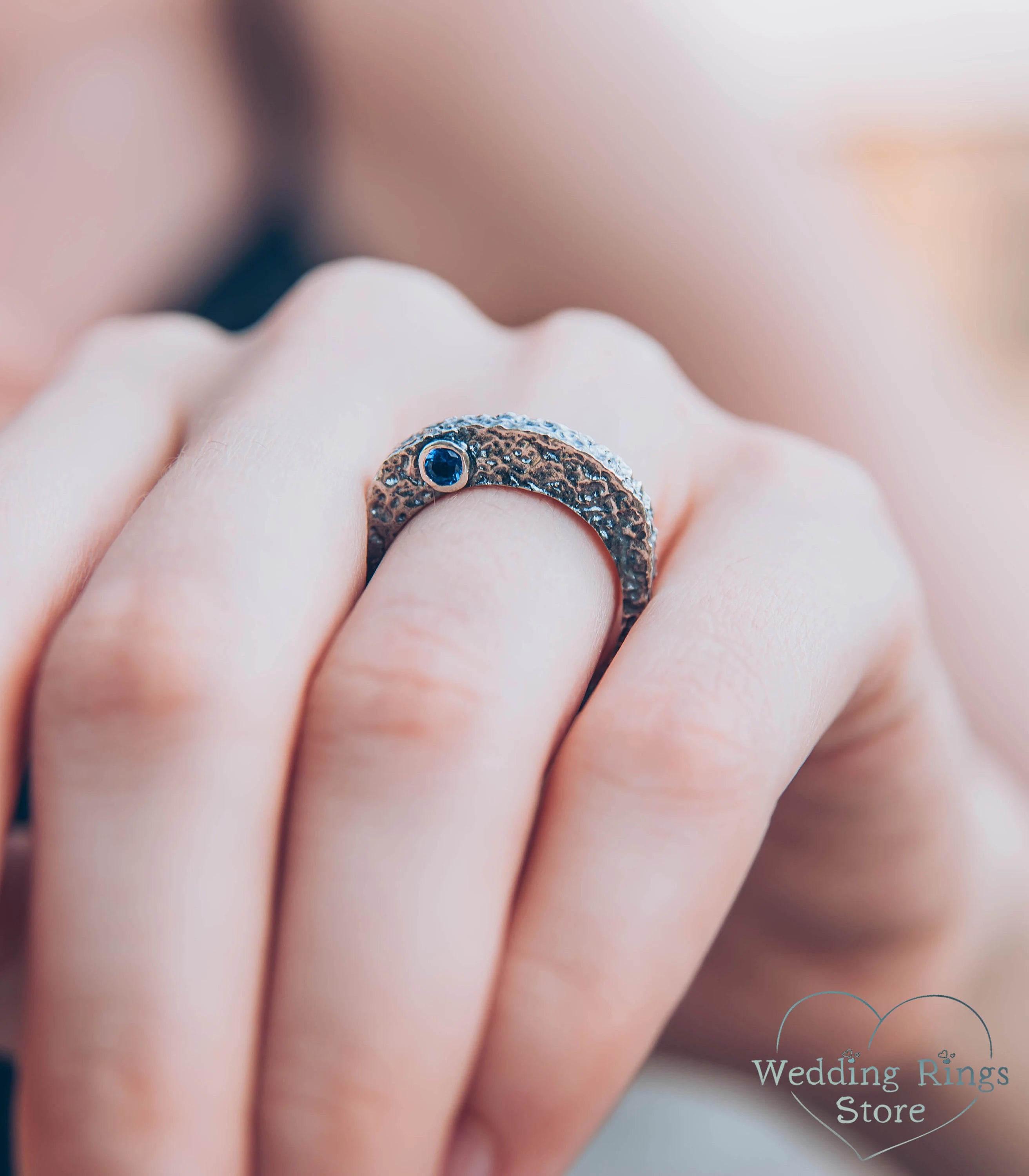 Unique Silver Rocky Hammered Lava Ring with Sapphire
