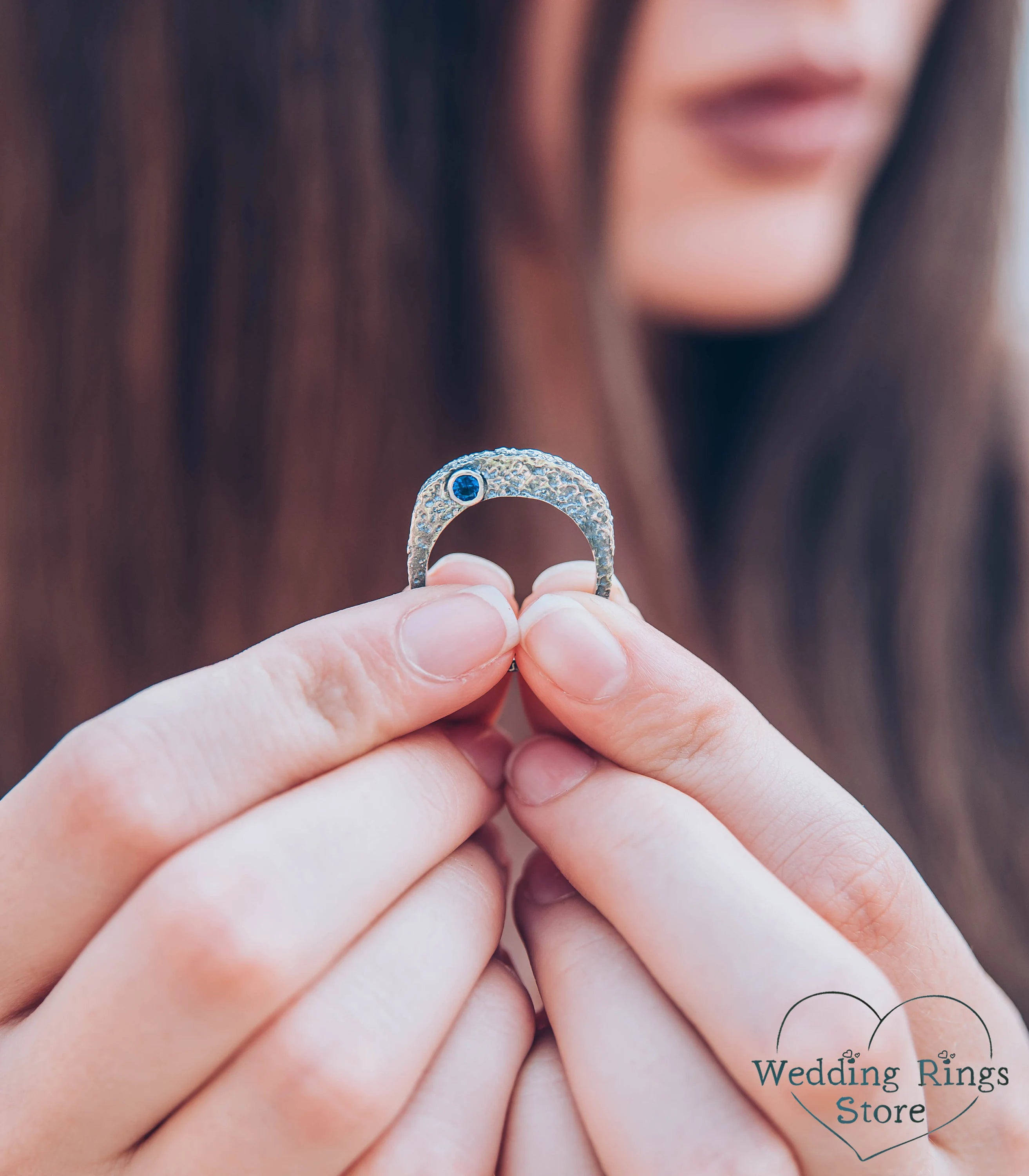 Unique Silver Rocky Hammered Lava Ring with Sapphire