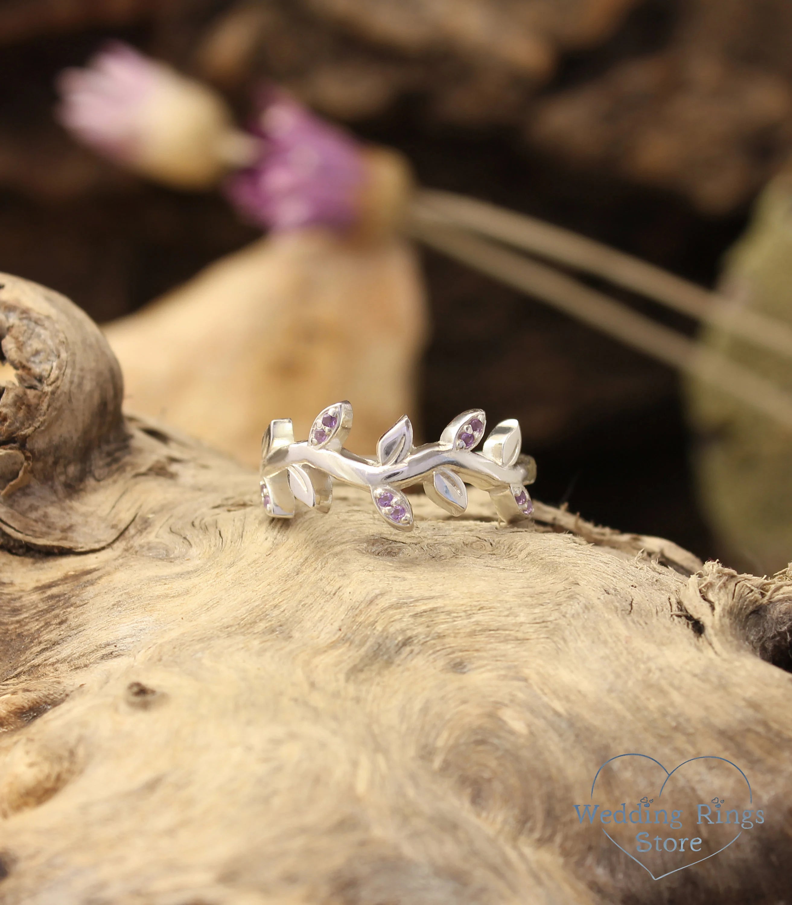 Amethyst Leaves on Silver Wavy Ring — Handmade Jewelry Gift