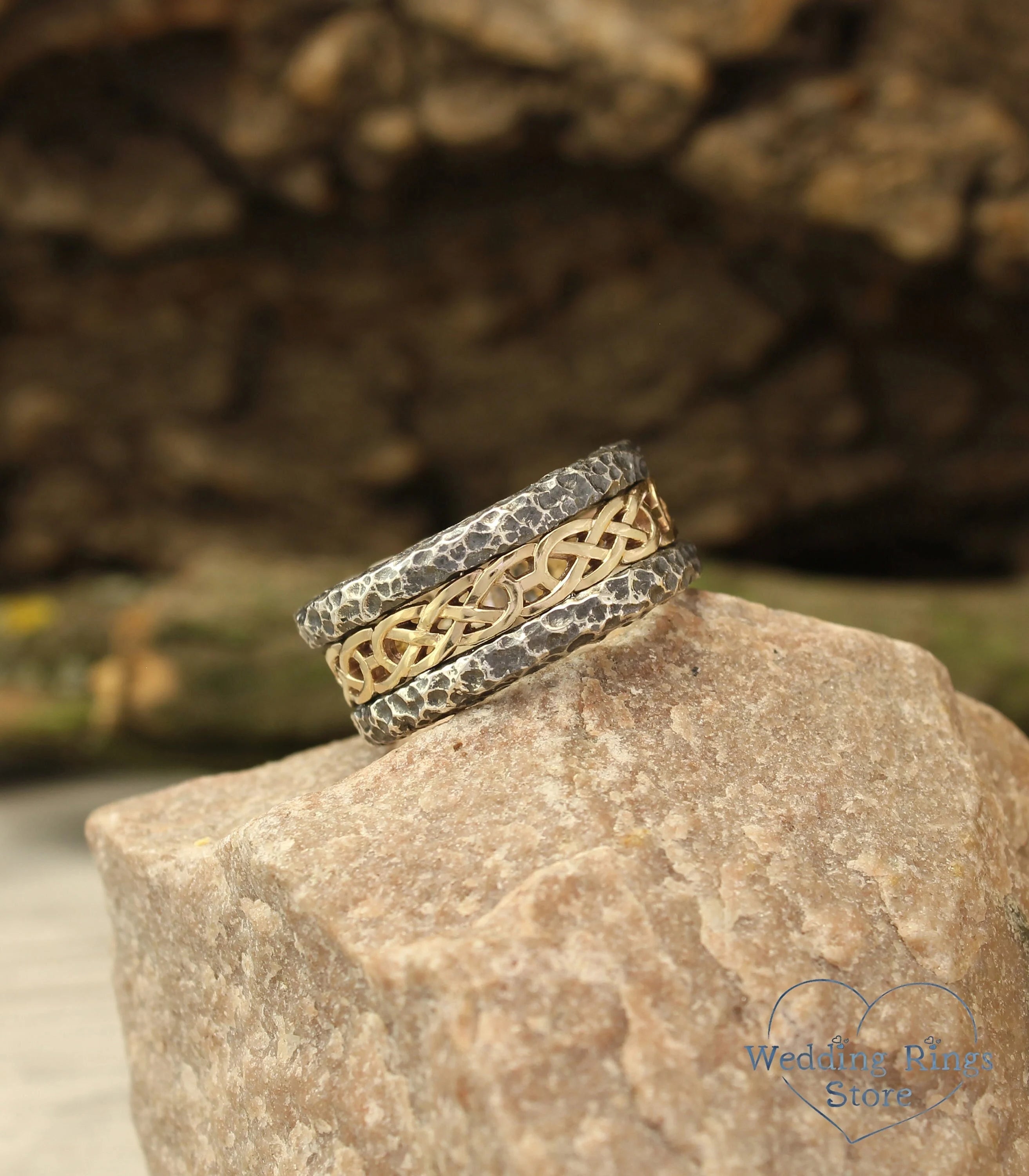 Rocky Hammered durable Silver Band with gold celtic pattern