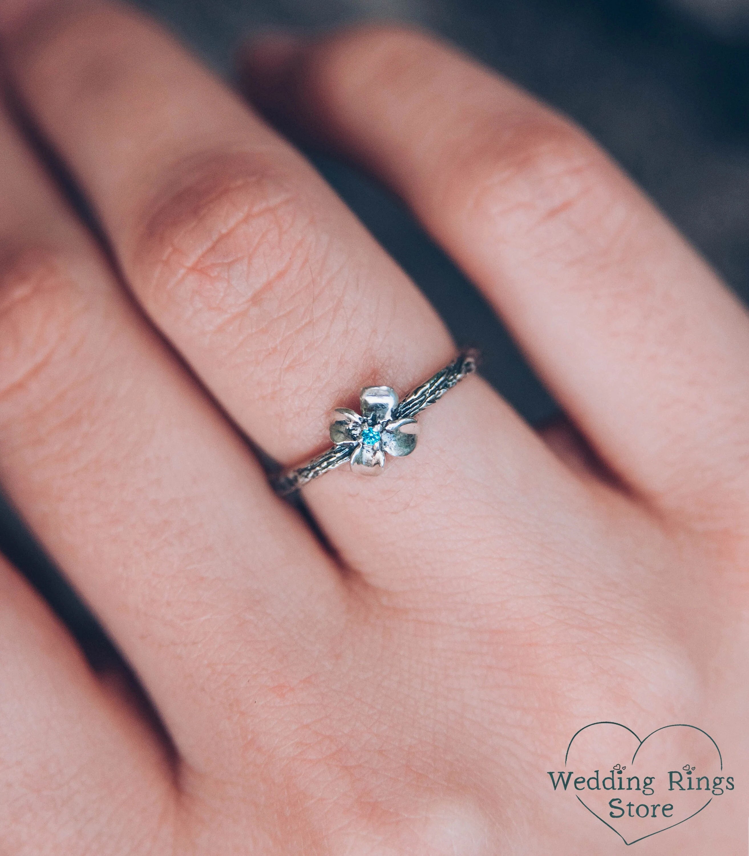 Dainty Flower Ring with Swiss Topaz on tiny Silver Branch