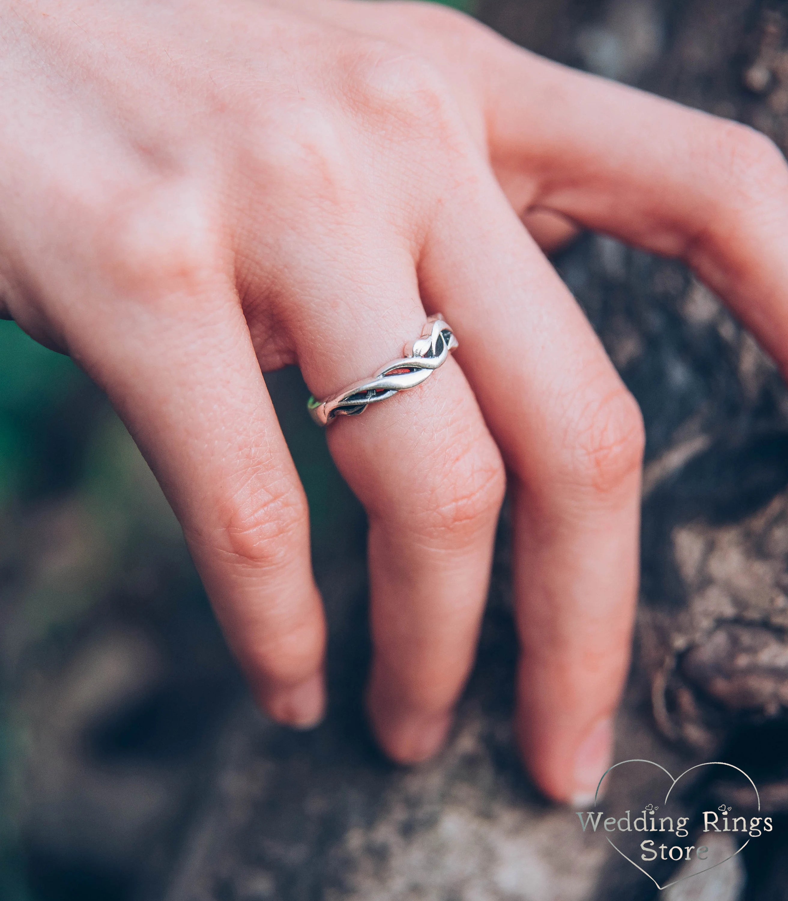 Sterling Silver scrollwork Braided Wedding Ring with delicate Leaves