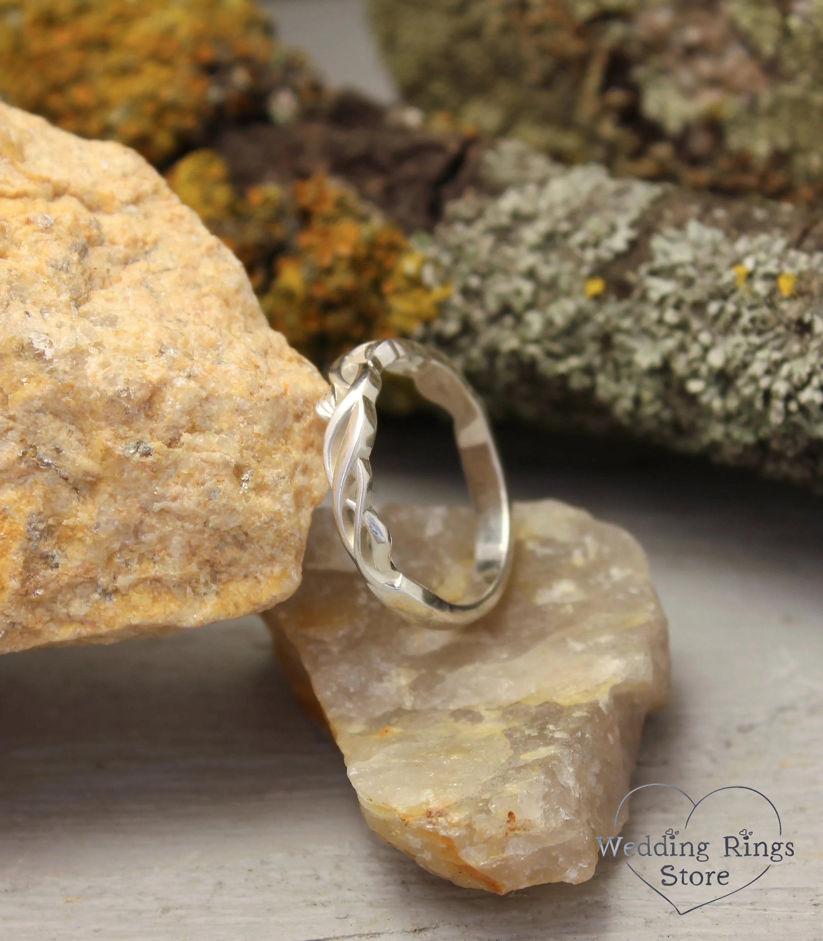 Sterling Silver scrollwork Braided Wedding Ring with delicate Leaves