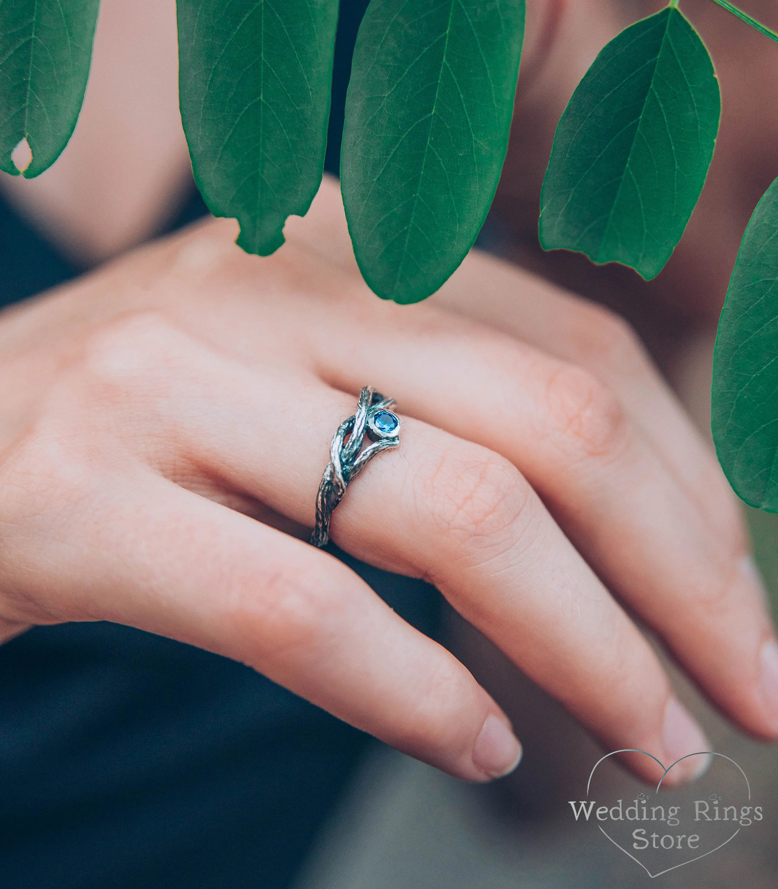 Delicate Silver Twisted Branch Topaz Engagement Ring