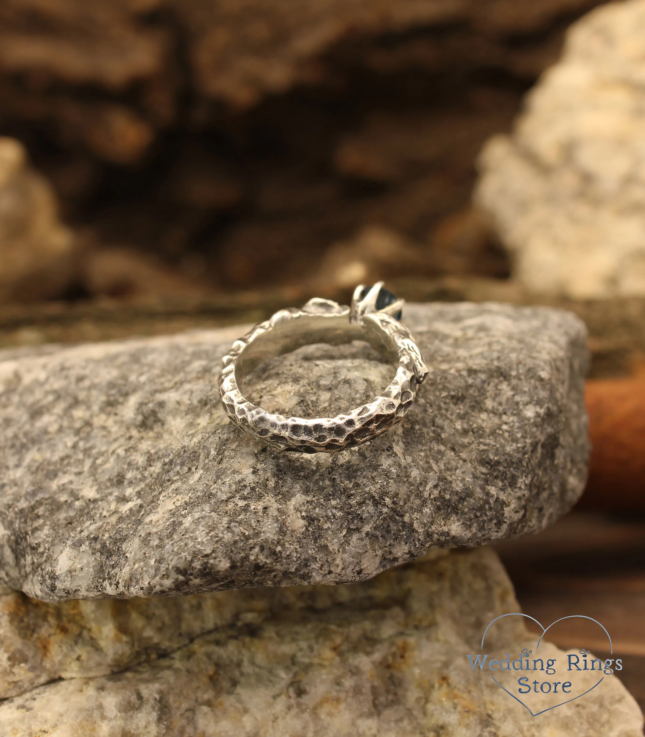 London blue Topaz in Handmade Silver Hammered Engagement Ring