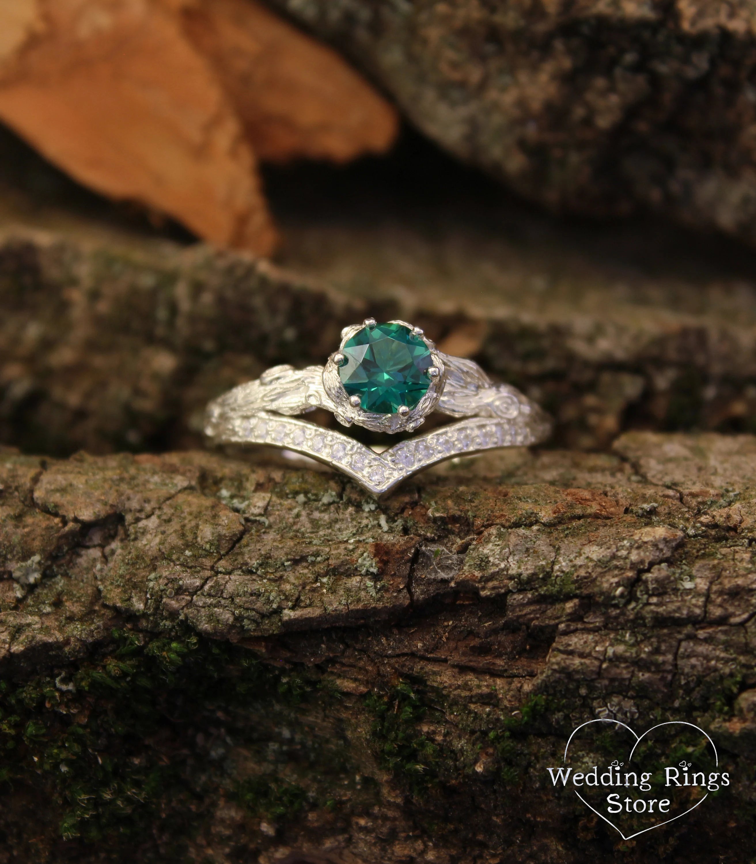 Forest Silver chevron Engagement Ring with Quartz and CZ