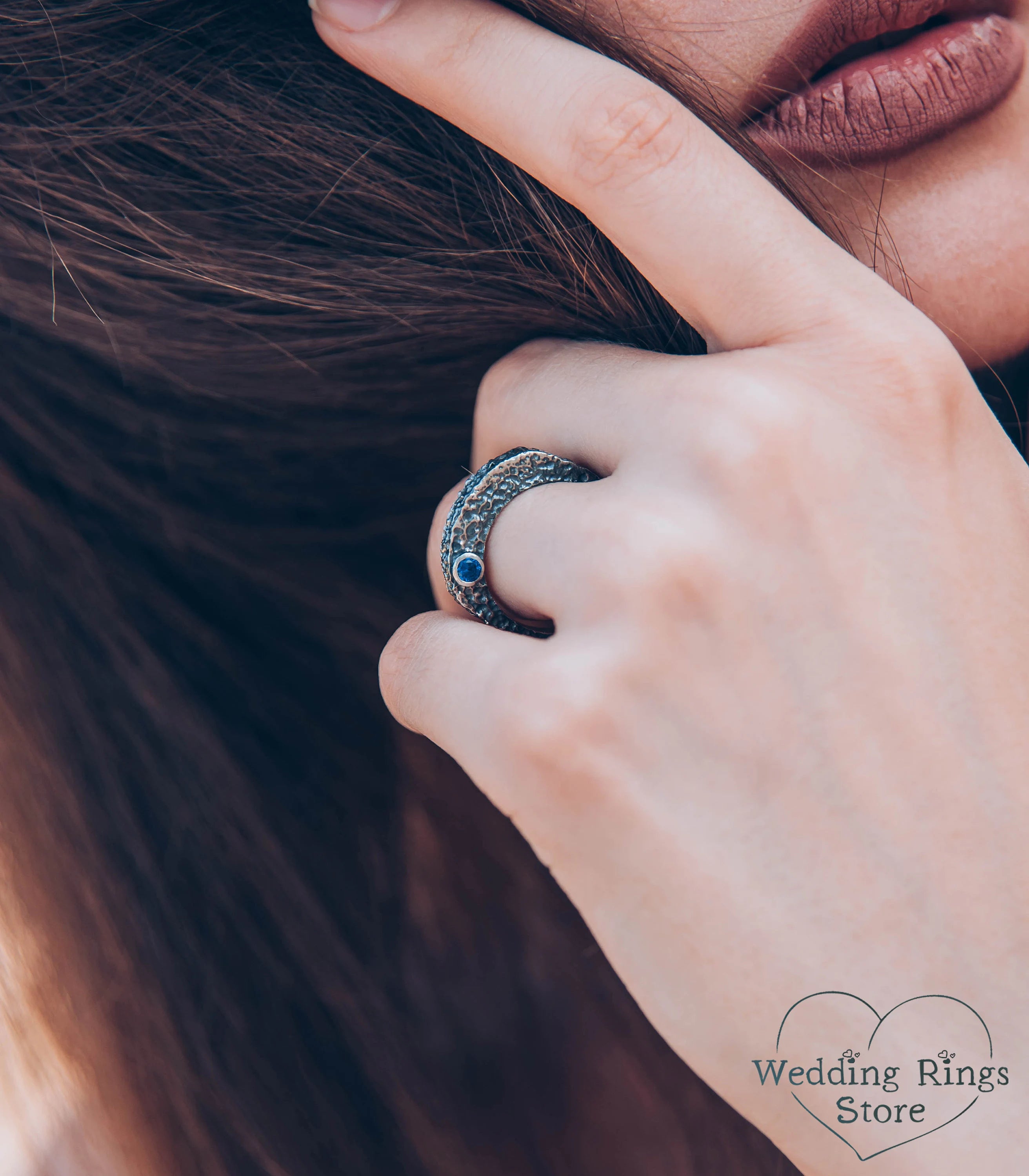 Unique Silver Rocky Hammered Lava Ring with Sapphire