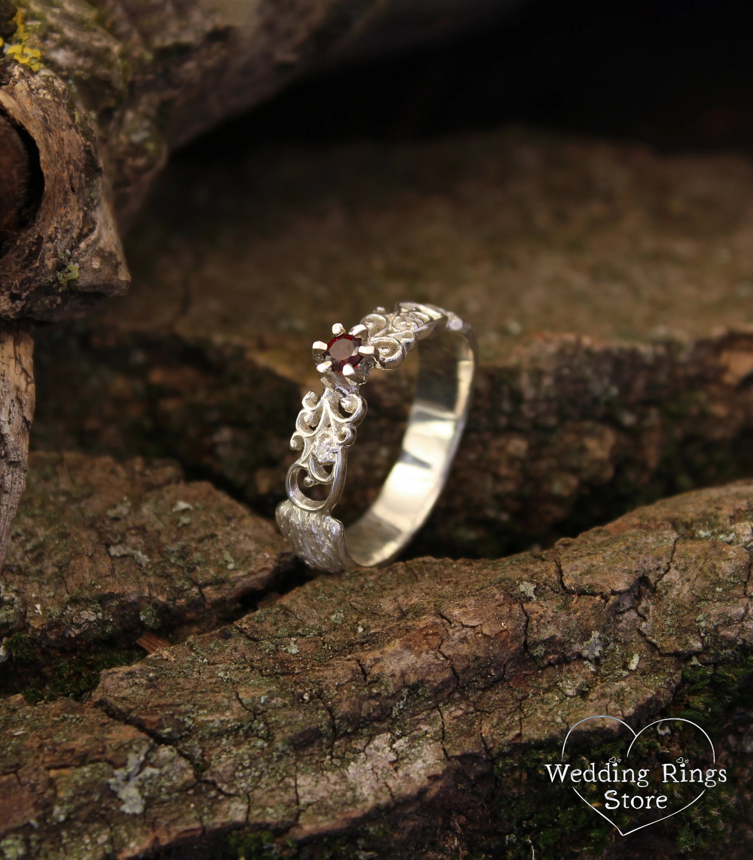 Scrollwork Silver Ring with Natural Garnet — Tree bark and Vine