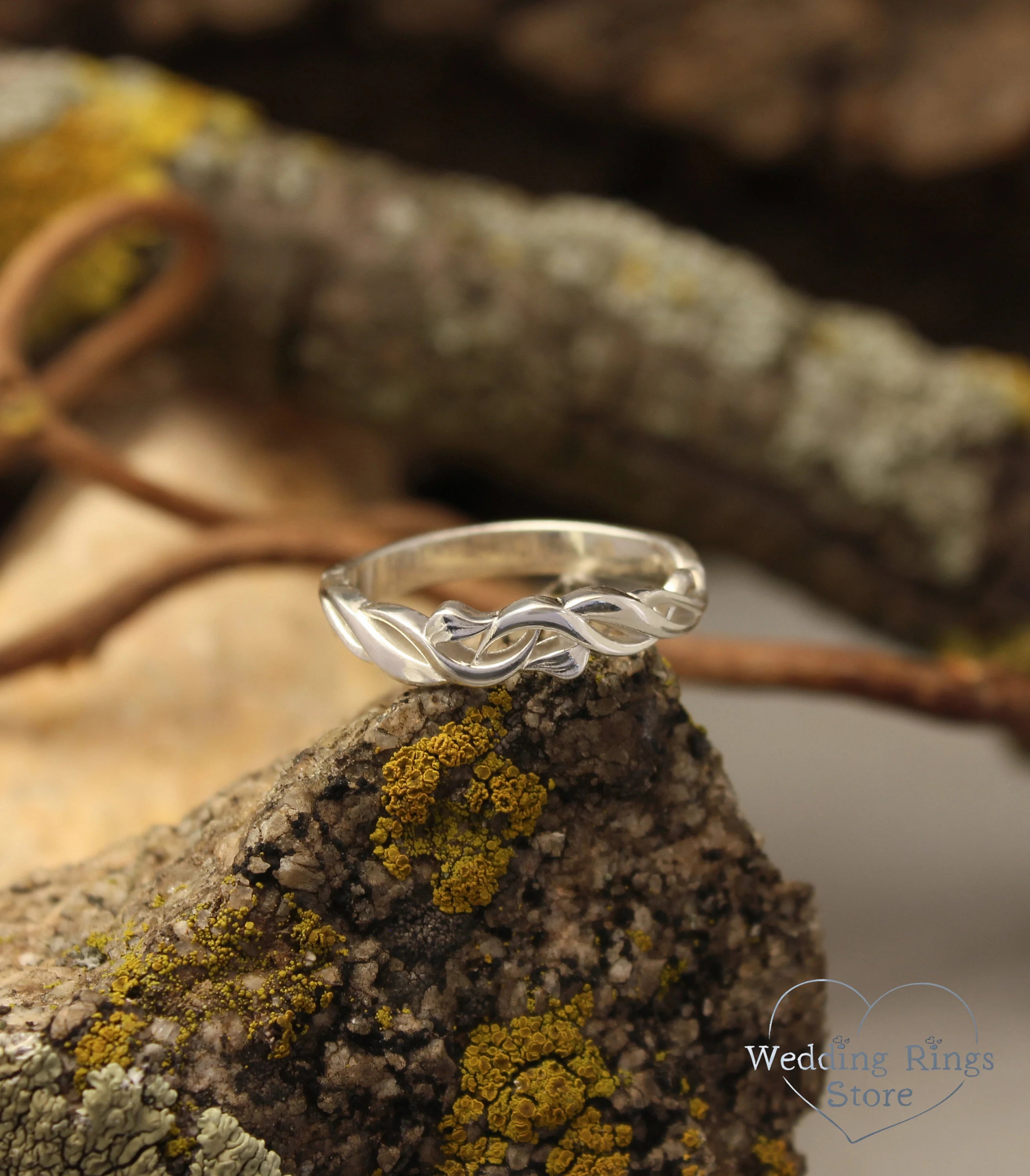 Sterling Silver scrollwork Braided Wedding Ring with delicate Leaves