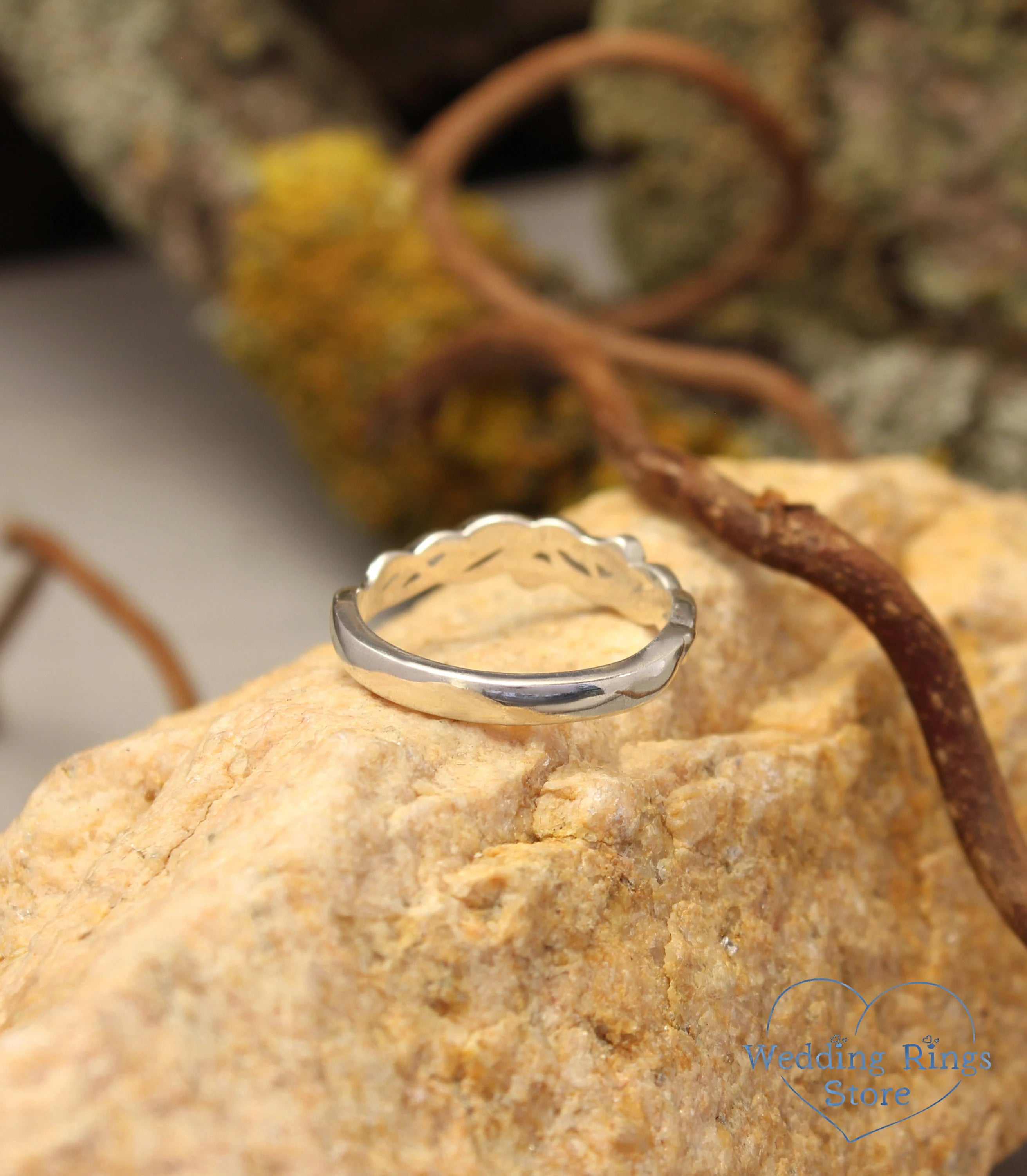 Sterling Silver scrollwork Braided Wedding Ring with delicate Leaves