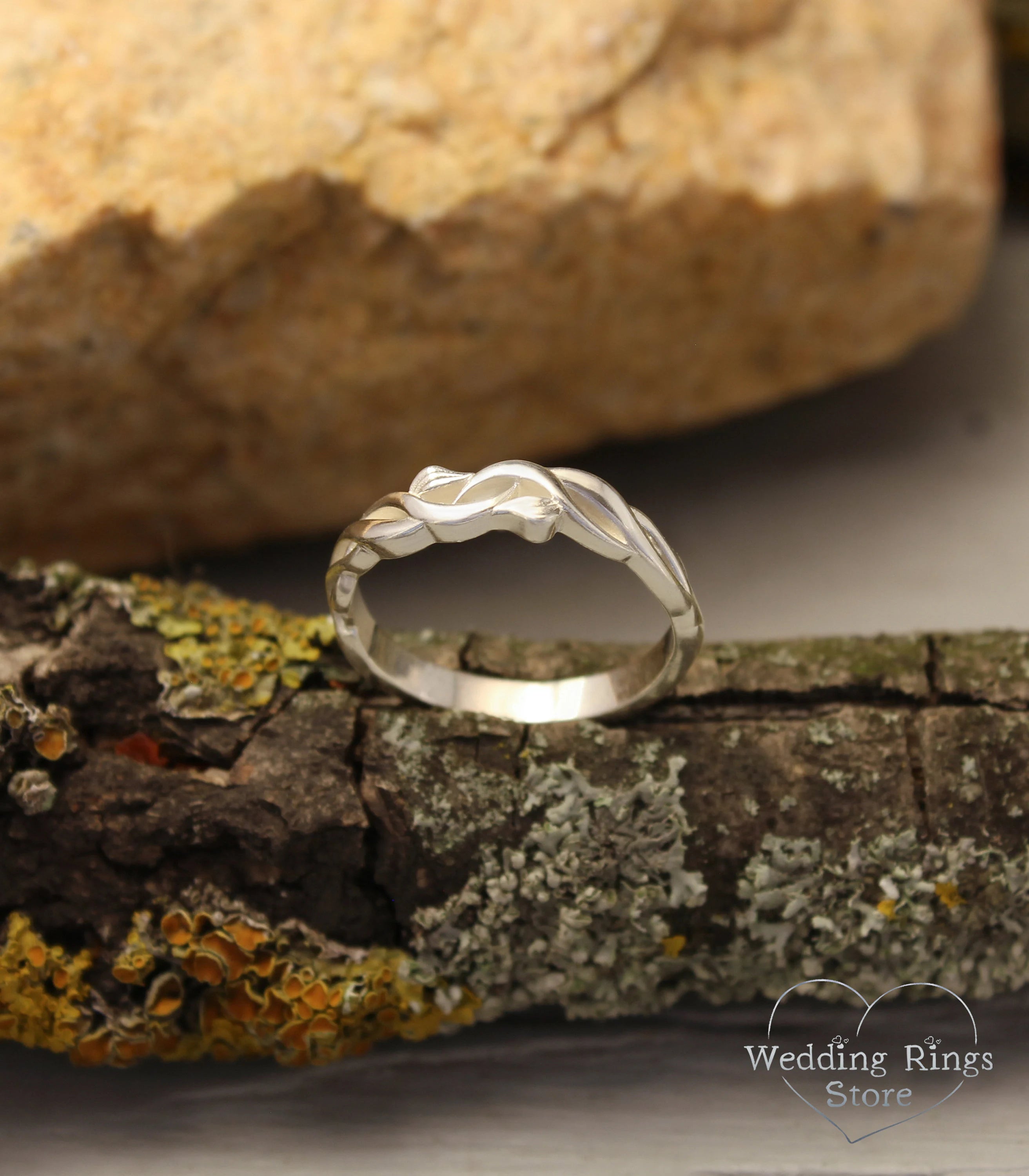 Sterling Silver scrollwork Braided Wedding Ring with delicate Leaves
