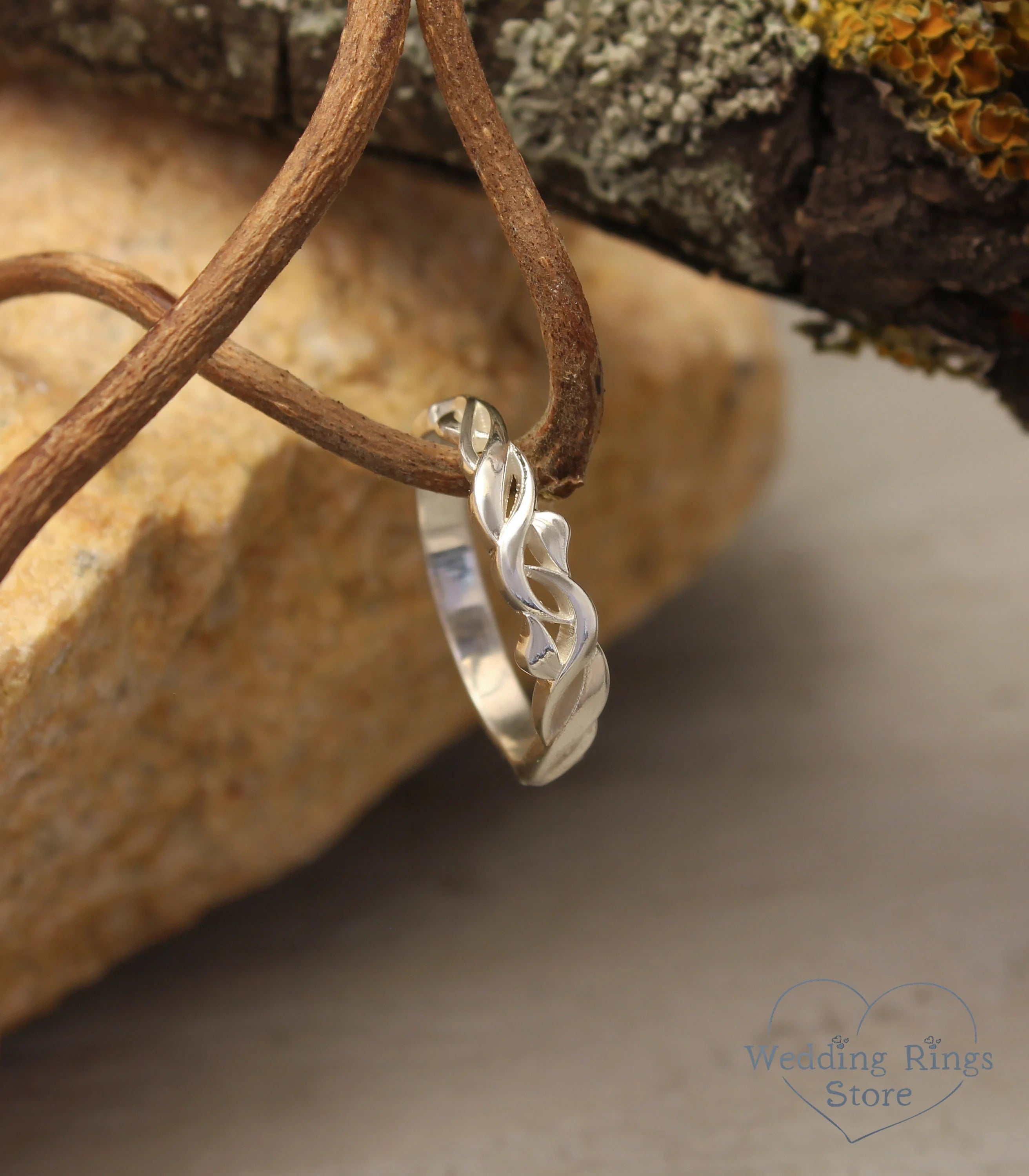 Sterling Silver scrollwork Braided Wedding Ring with delicate Leaves