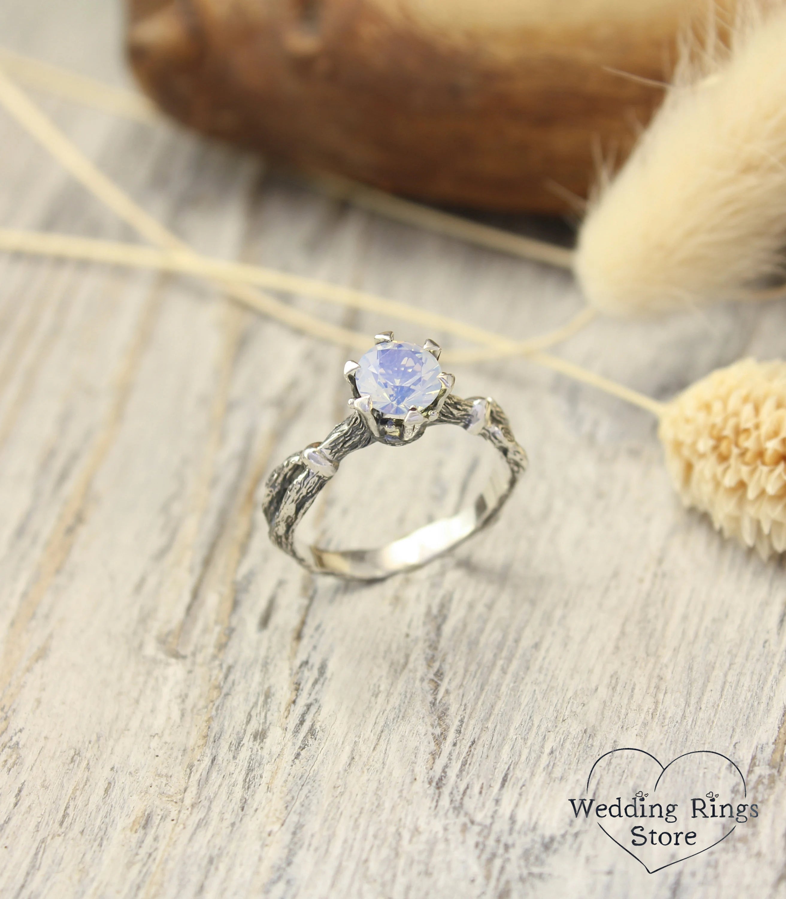 Moonstone Art deco Silver Twig Engagement Ring for Her