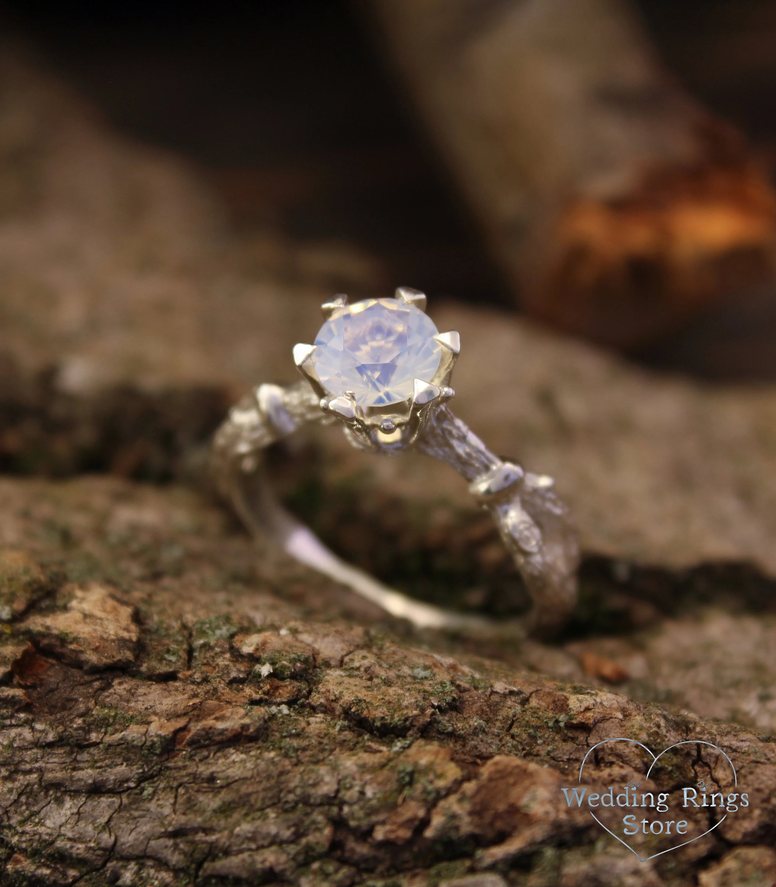 Moonstone Art deco Silver Twig Engagement Ring for Her