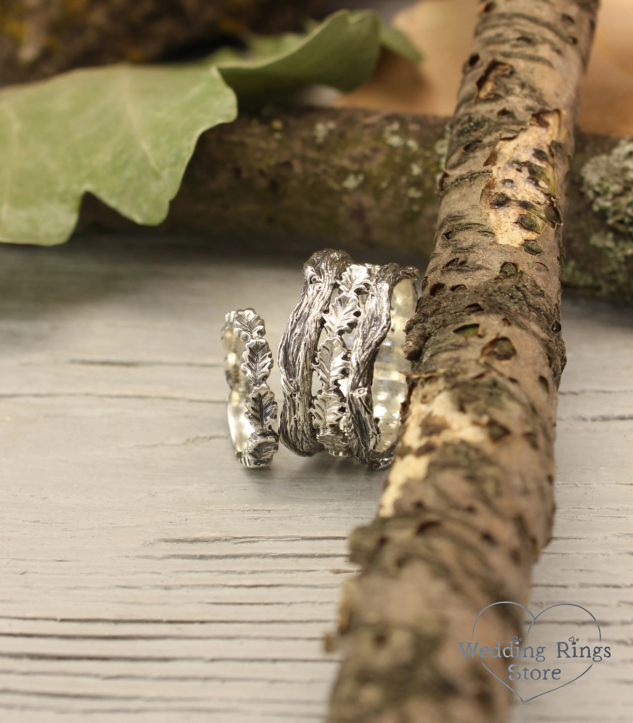 Forest Tree Branch and Oak Leaves Silver Wedding Bands Set
