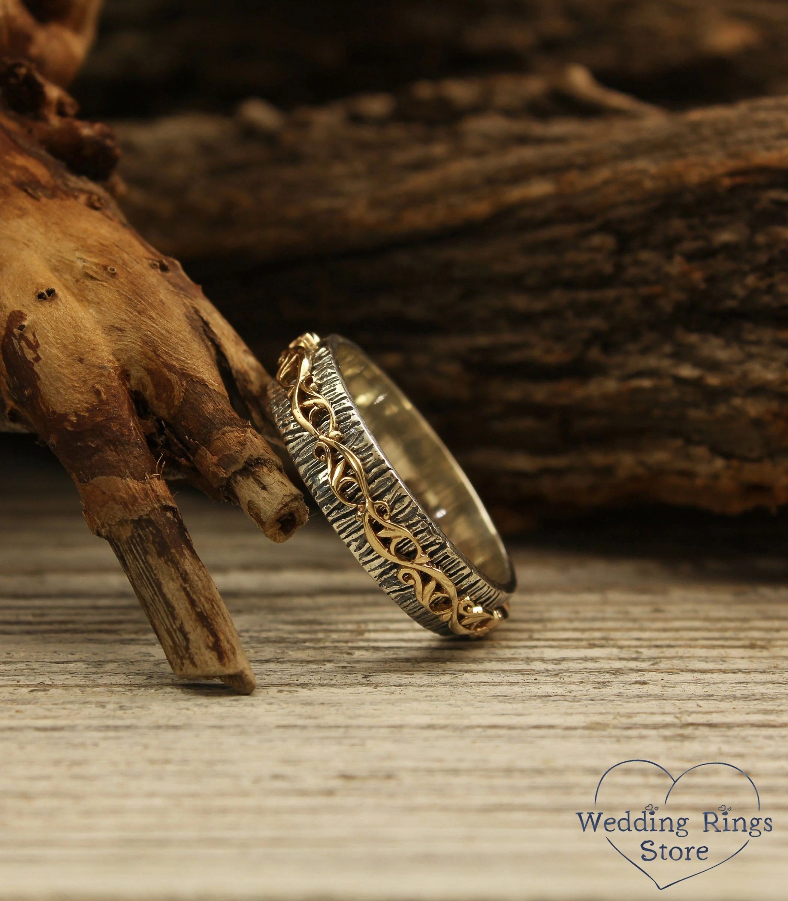 Vintage Gold Plant pattern on a Silver Tree Wedding Band