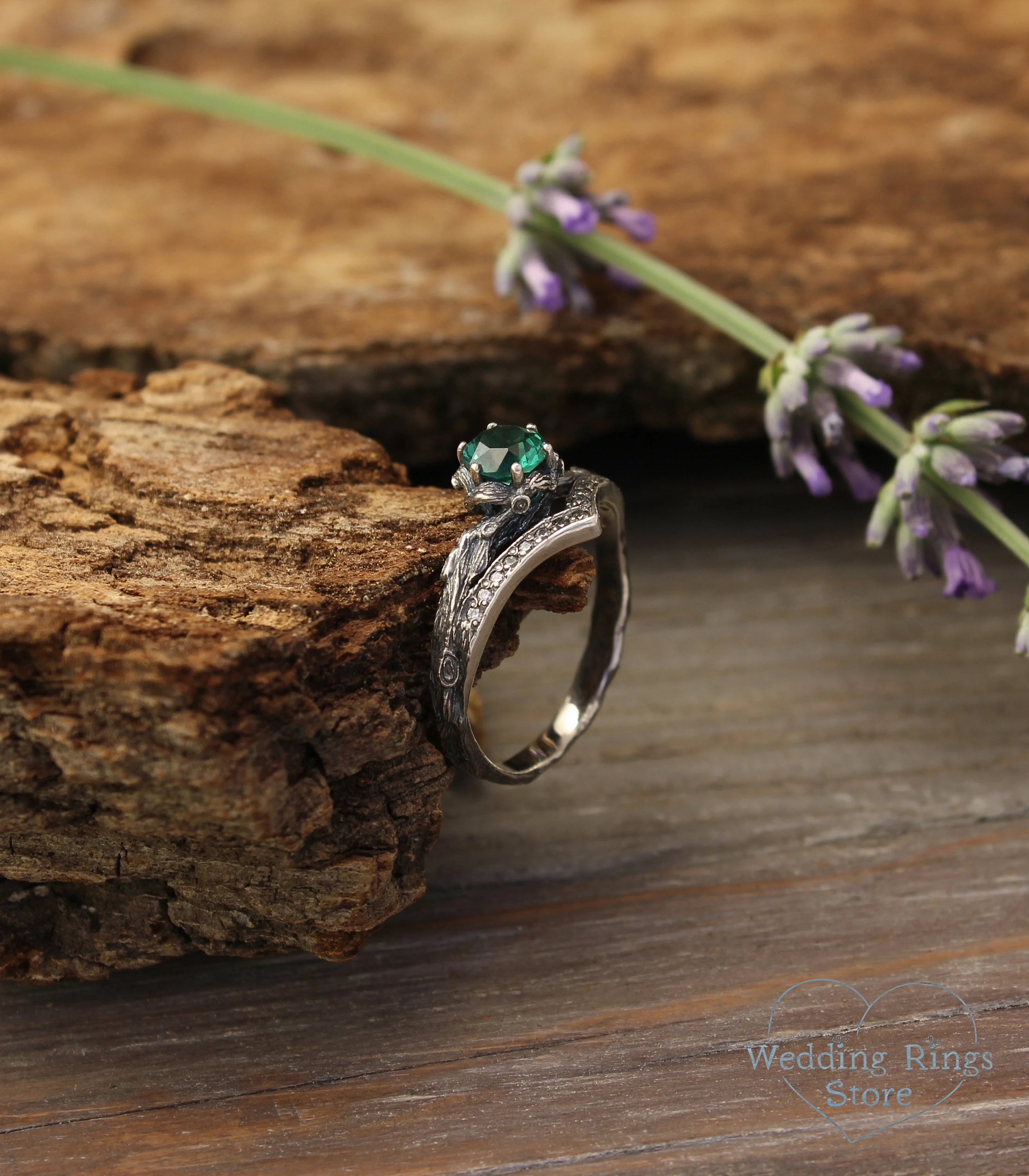 Forest Silver chevron Engagement Ring with Quartz and CZ