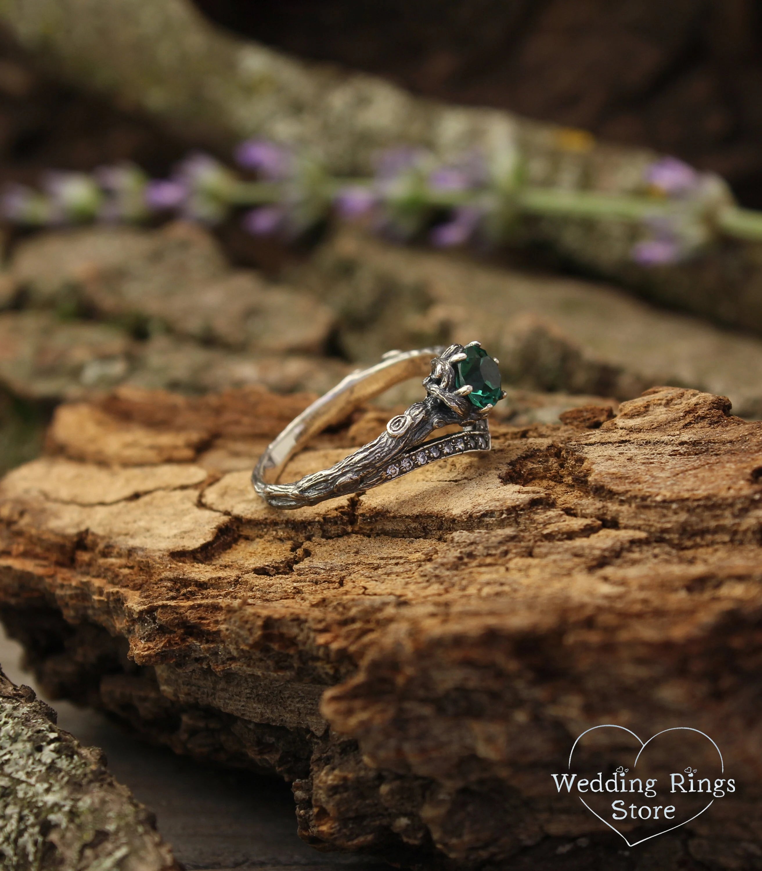 Forest Silver chevron Engagement Ring with Quartz and CZ