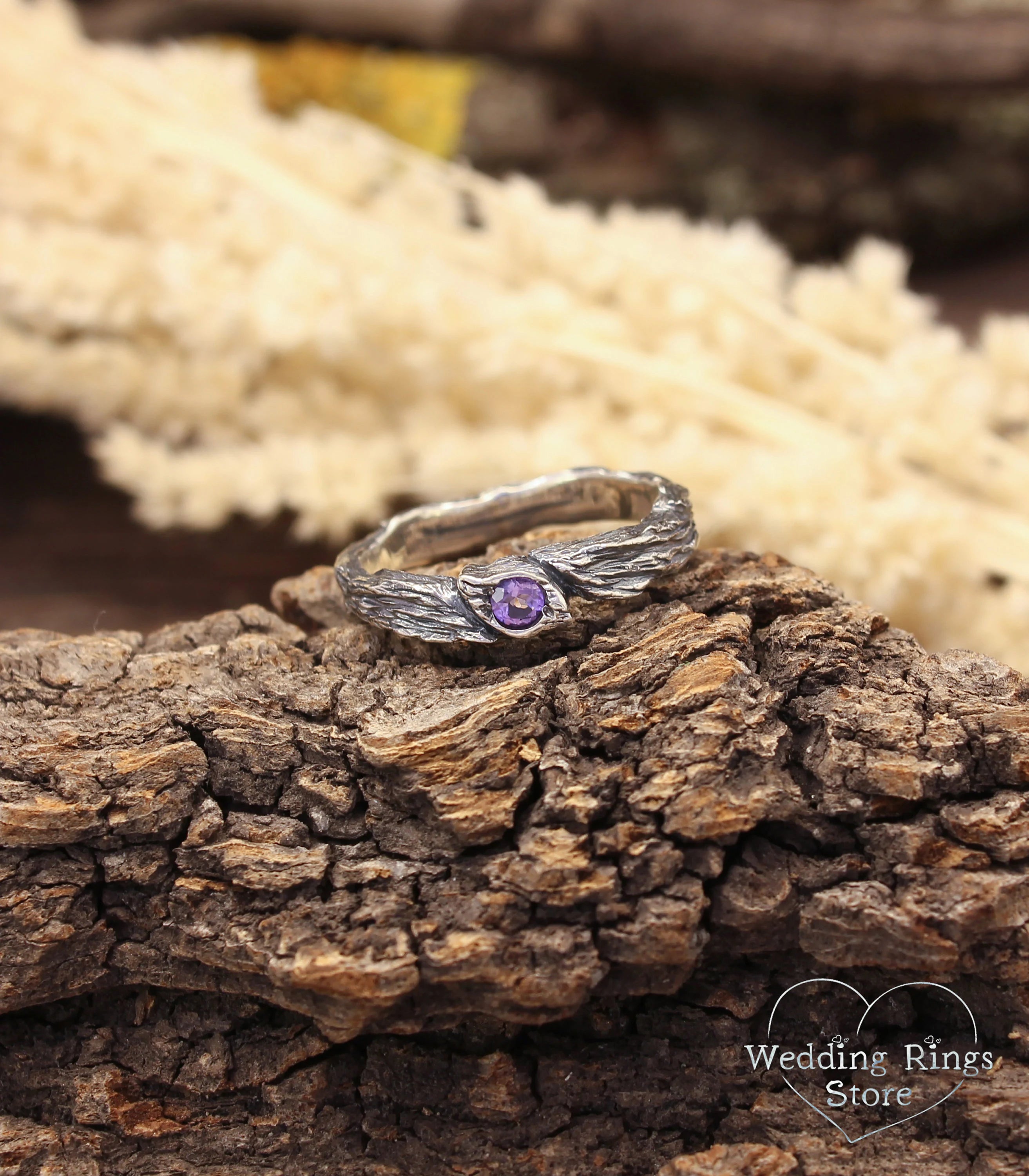 Women's Unique Twig Engagement Ring with Amethyst Leaf