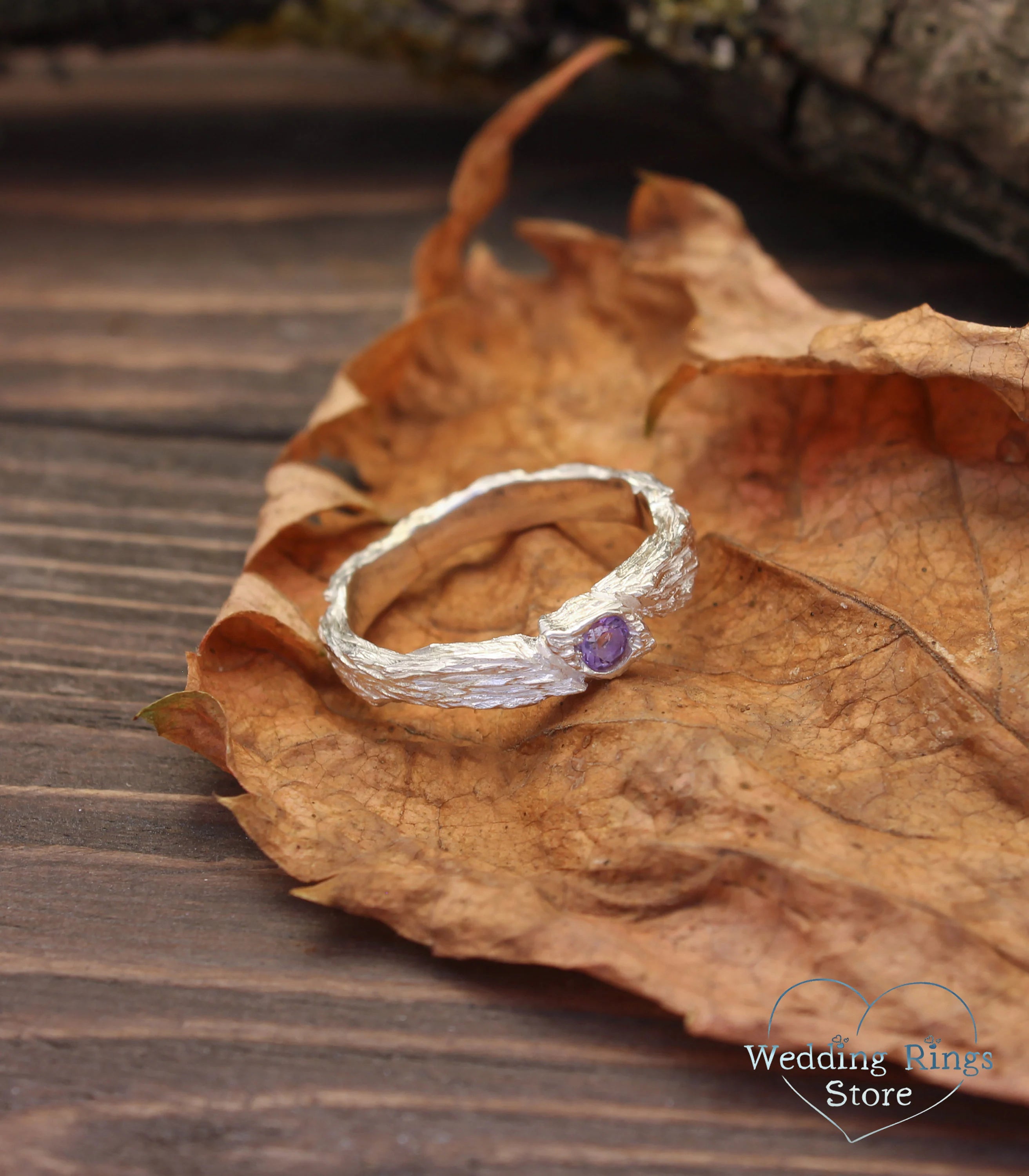 Women's Unique Twig Engagement Ring with Amethyst Leaf