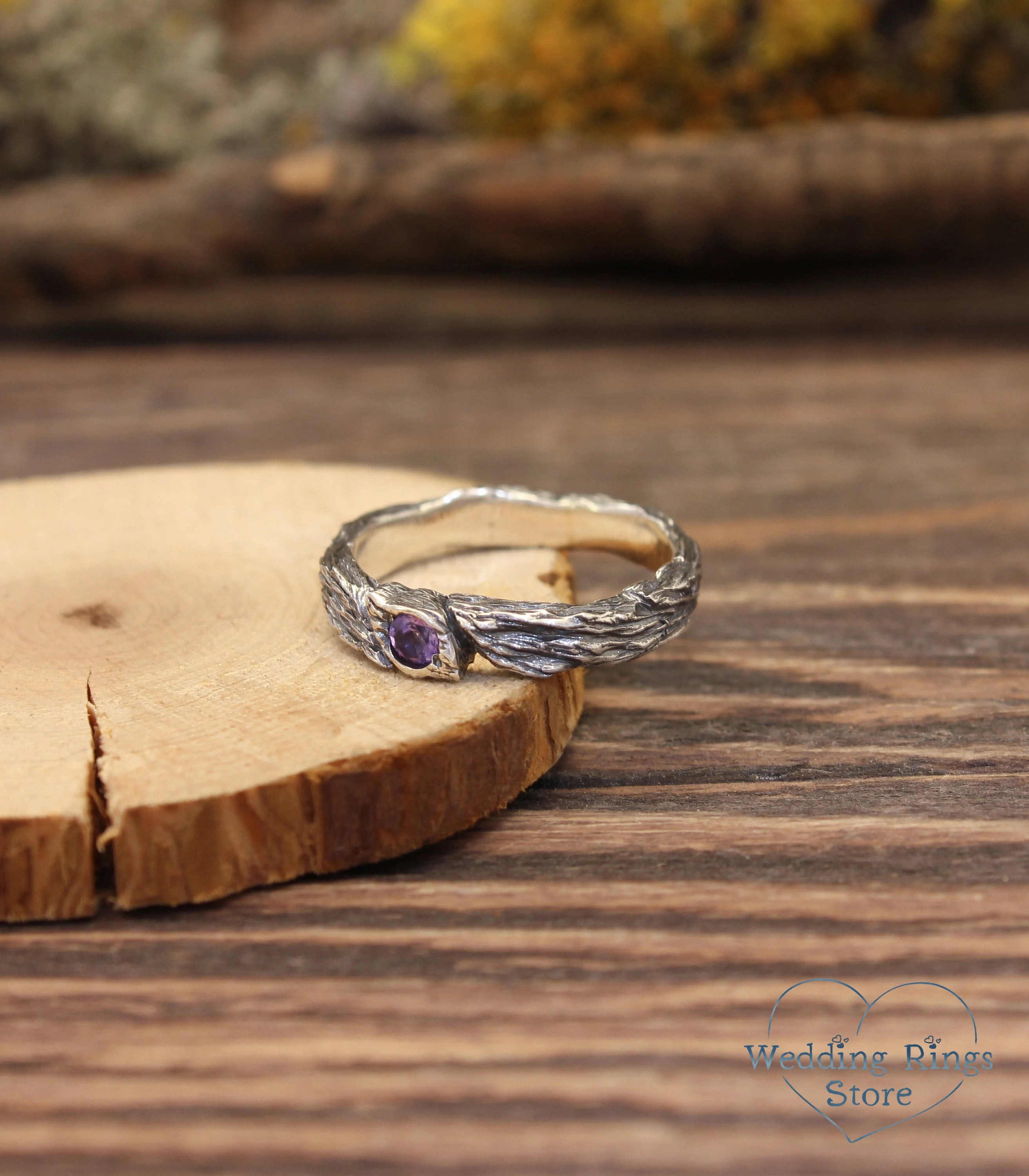 Women's Unique Twig Engagement Ring with Amethyst Leaf