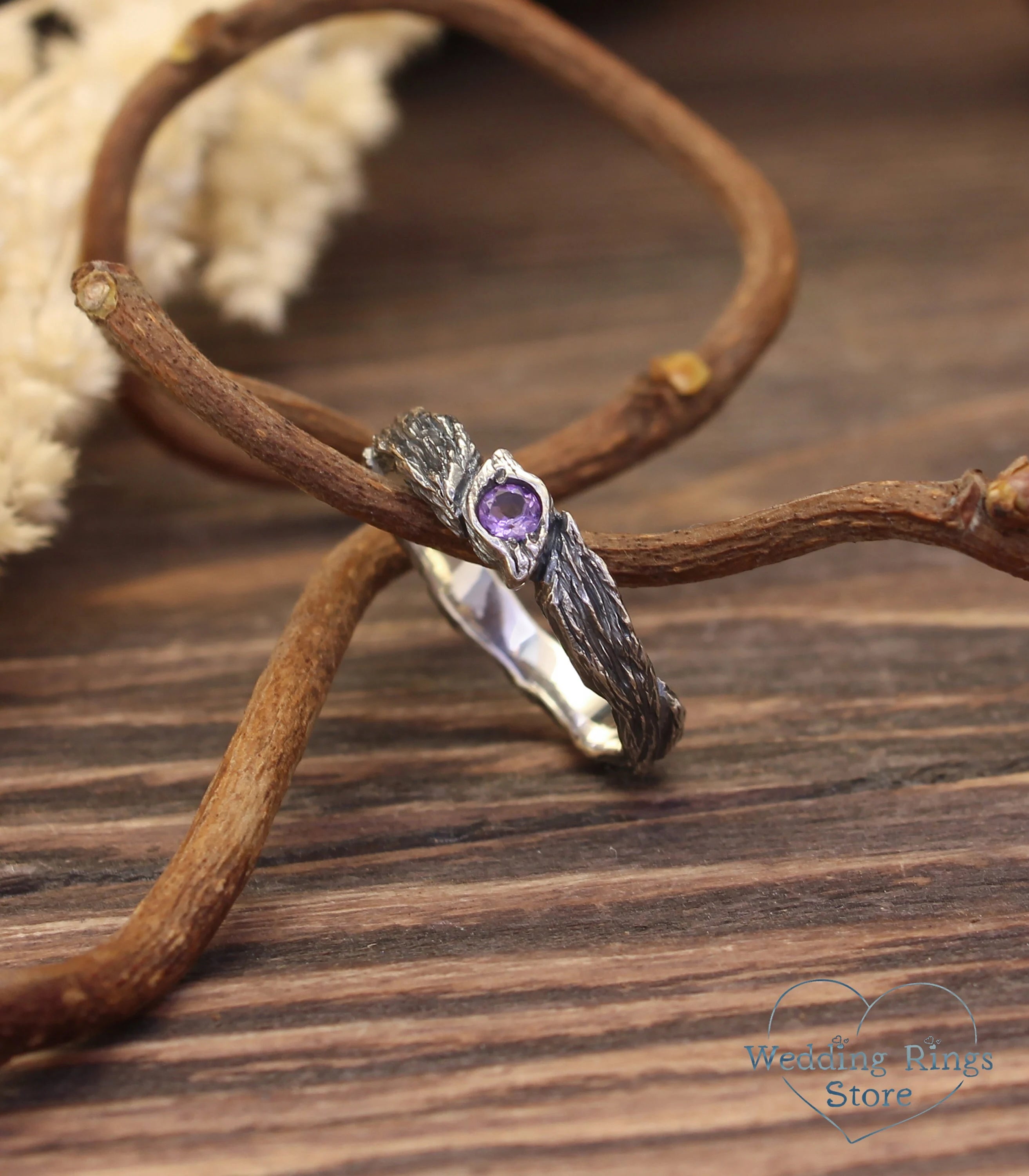 Women's Unique Twig Engagement Ring with Amethyst Leaf