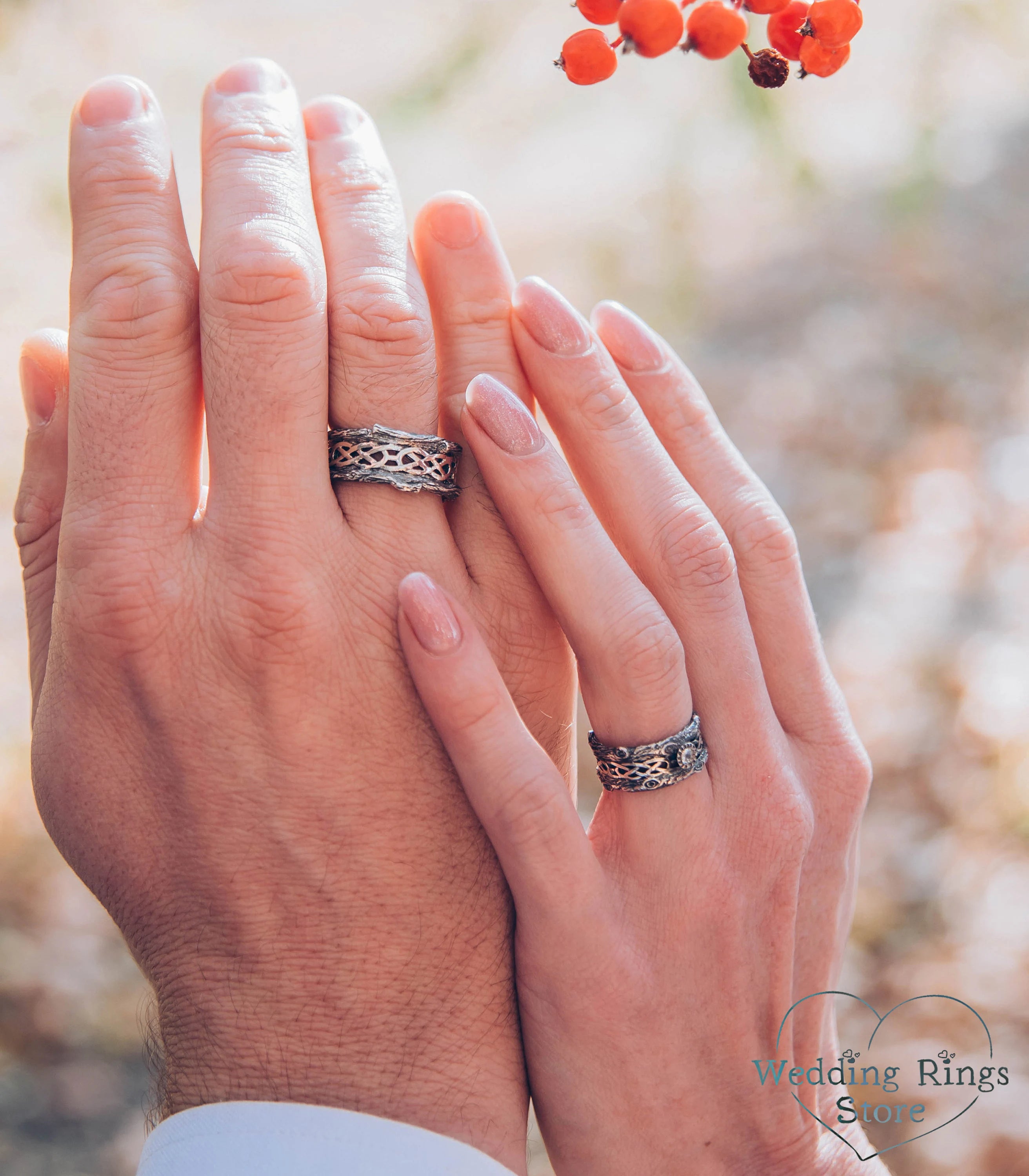 Silver Tree bark Couple Celtic Wedding Bands Set with Gem