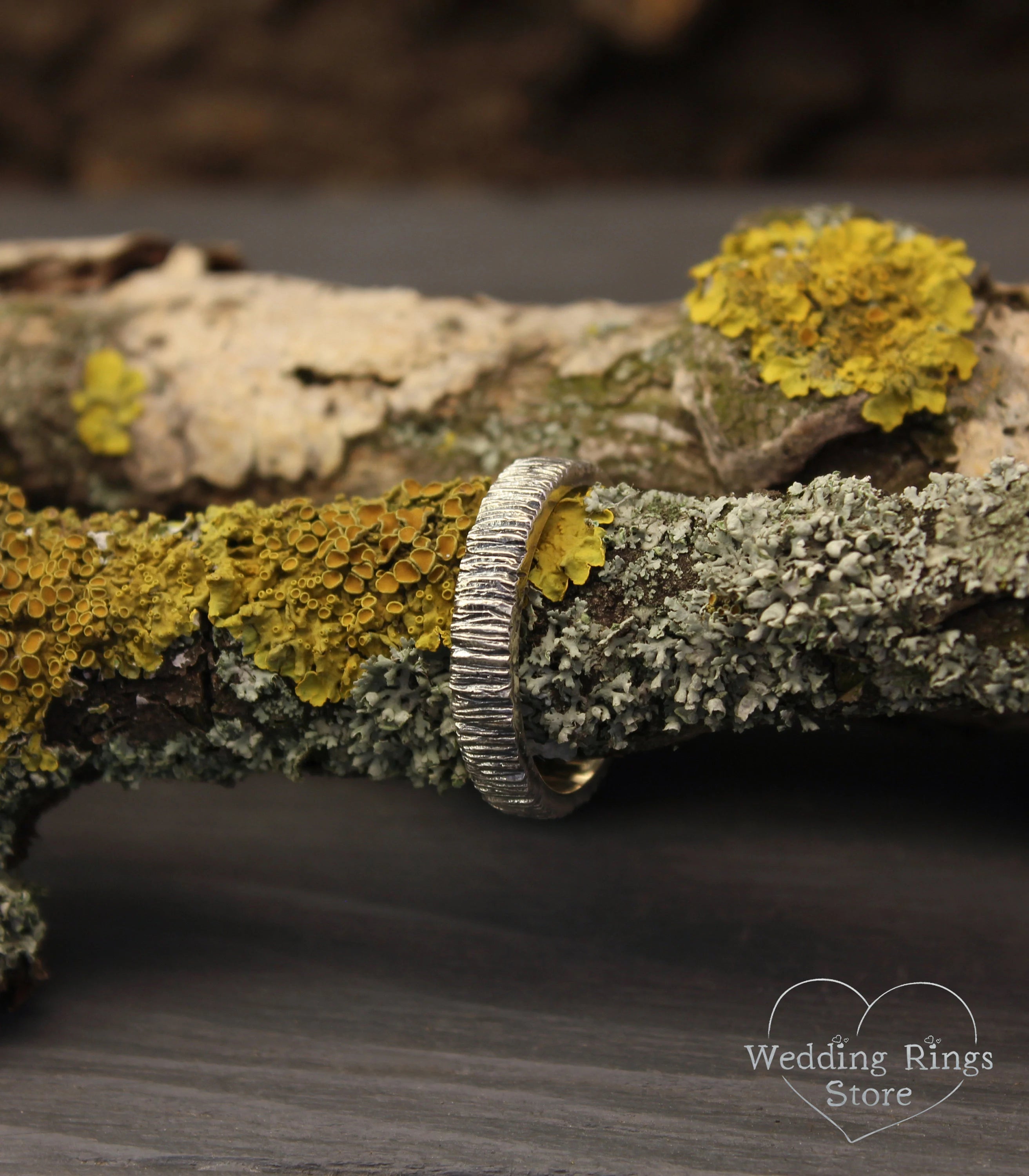 Simple Minimalist Tree bark Wedding Ring for Him & Her in Silver