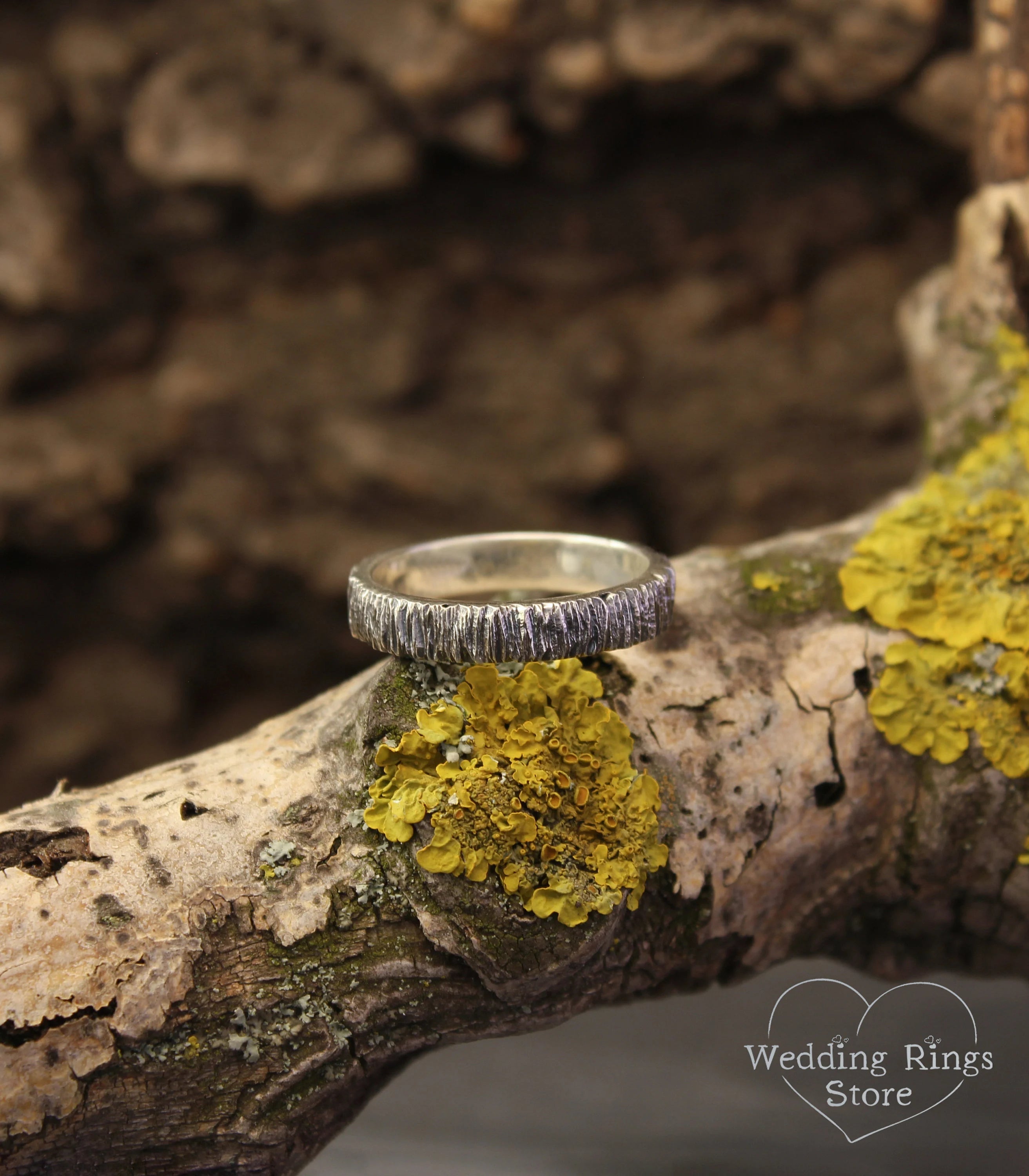 Simple Minimalist Tree bark Wedding Ring for Him & Her in Silver