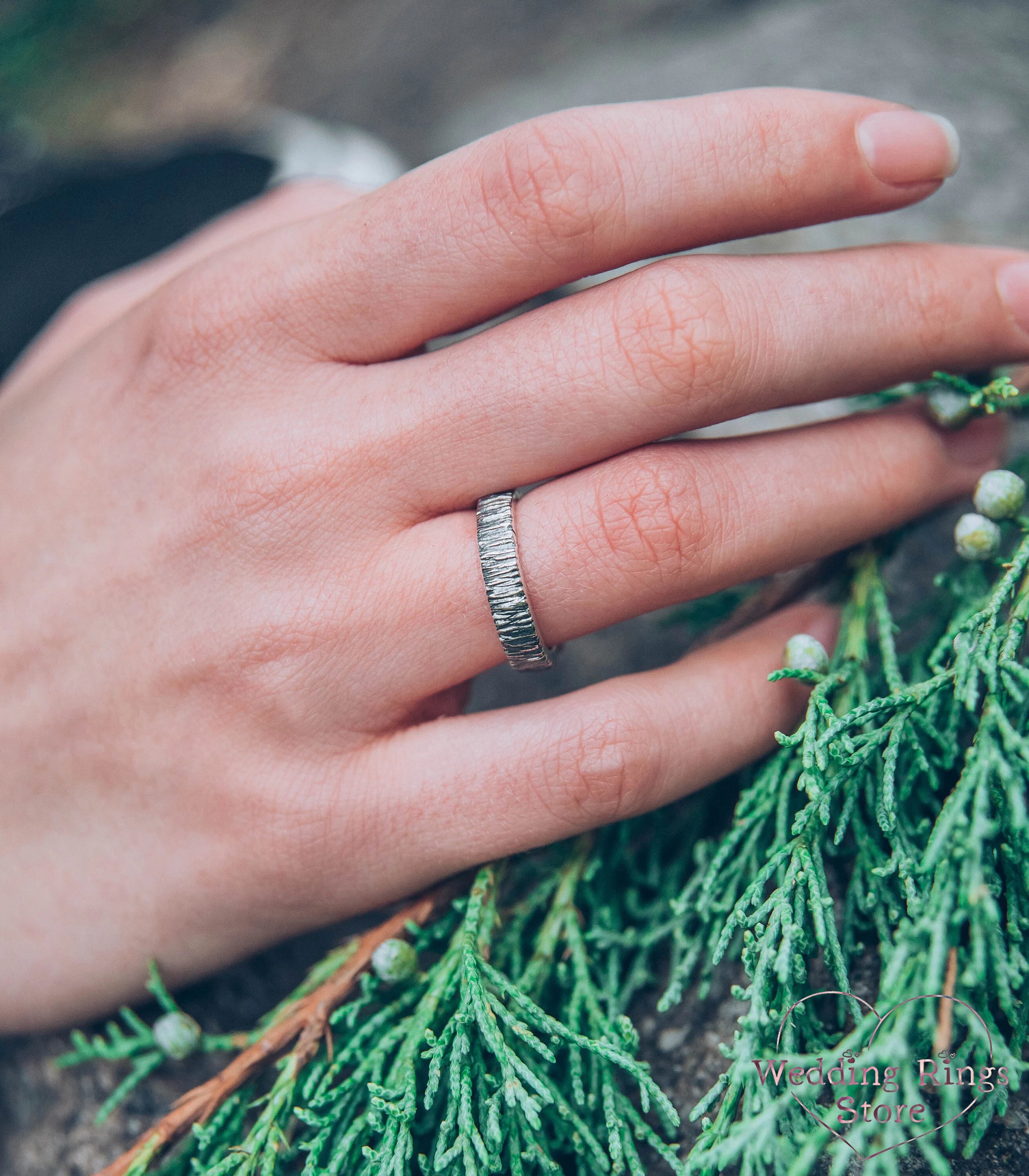 Simple Minimalist Tree bark Wedding Ring for Him & Her in Silver