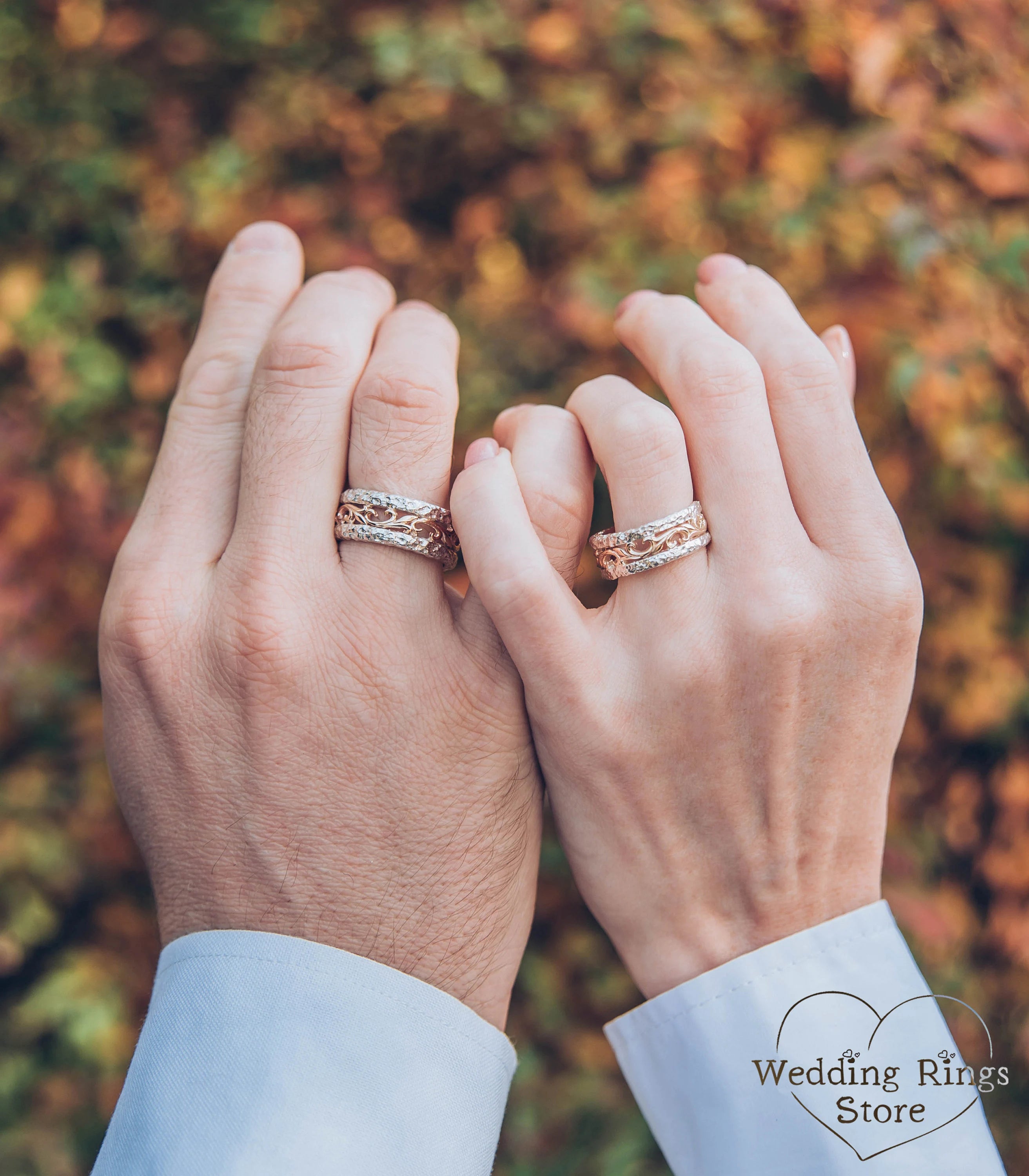 Mixed Metals Hammered and Vine matching Wedding Bands Set