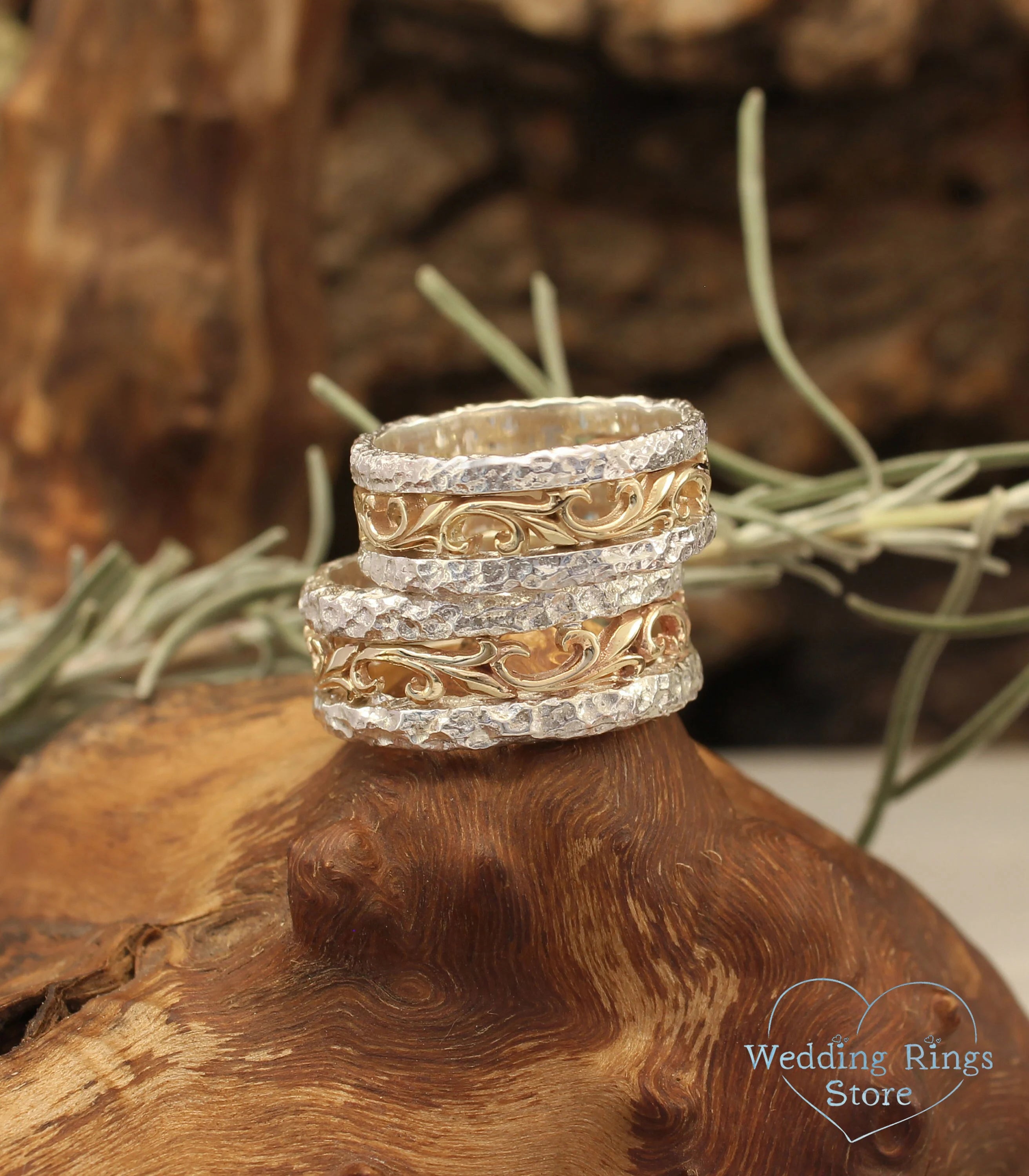 Mixed Metals Hammered and Vine matching Wedding Bands Set