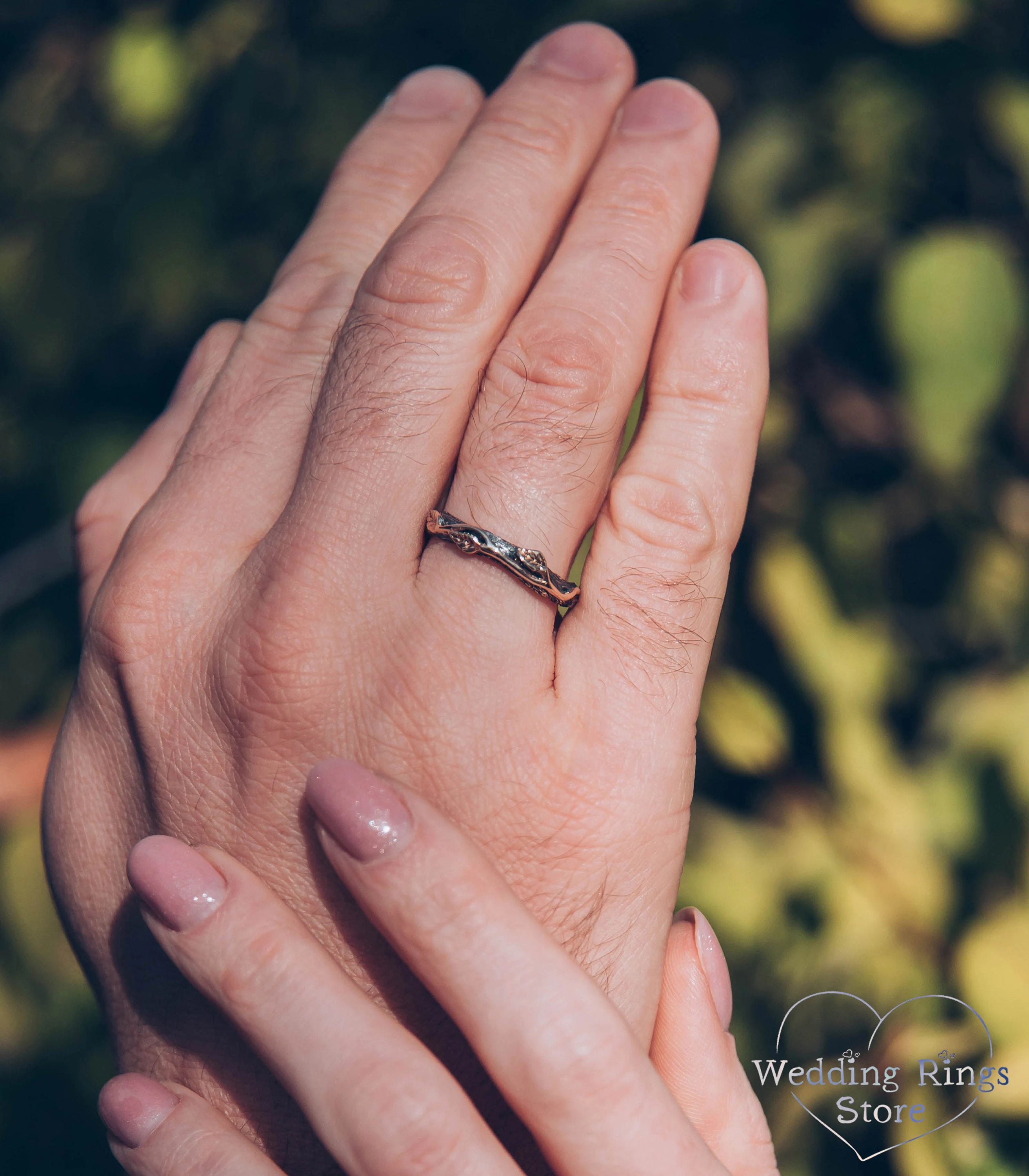 Mixed Silver & Gold Wedding Leaf Rings Set for Couple