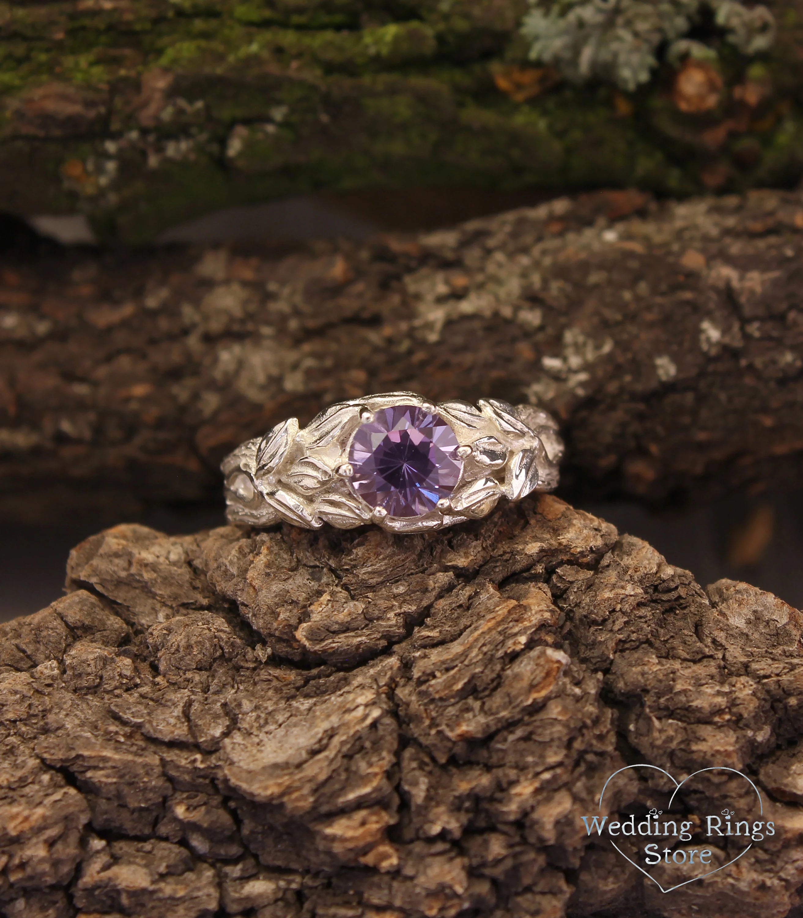 Dazzling Alexandrite Tree Branch and Leaves Silver Engagement Ring