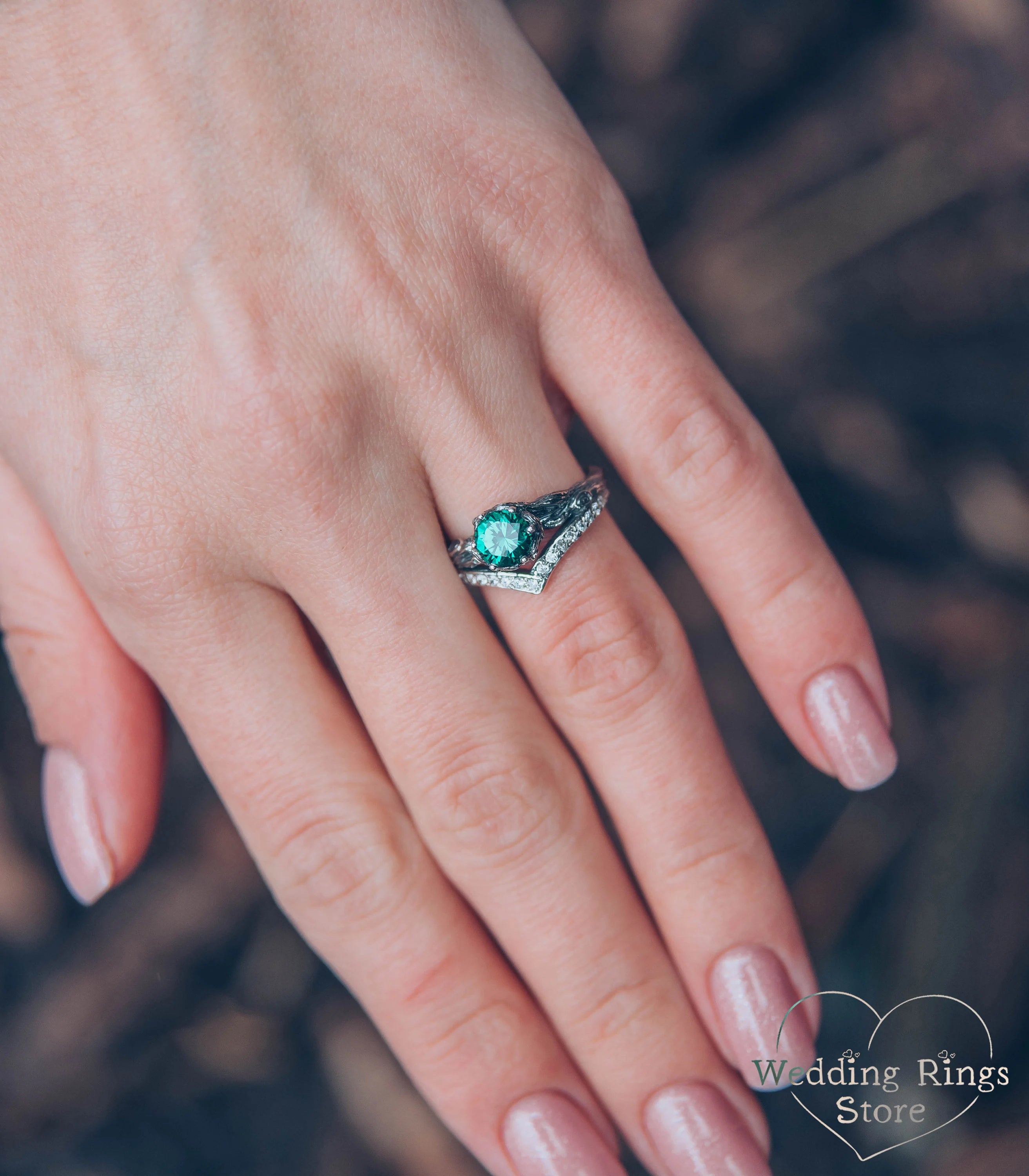 Forest Silver chevron Engagement Ring with Quartz and CZ