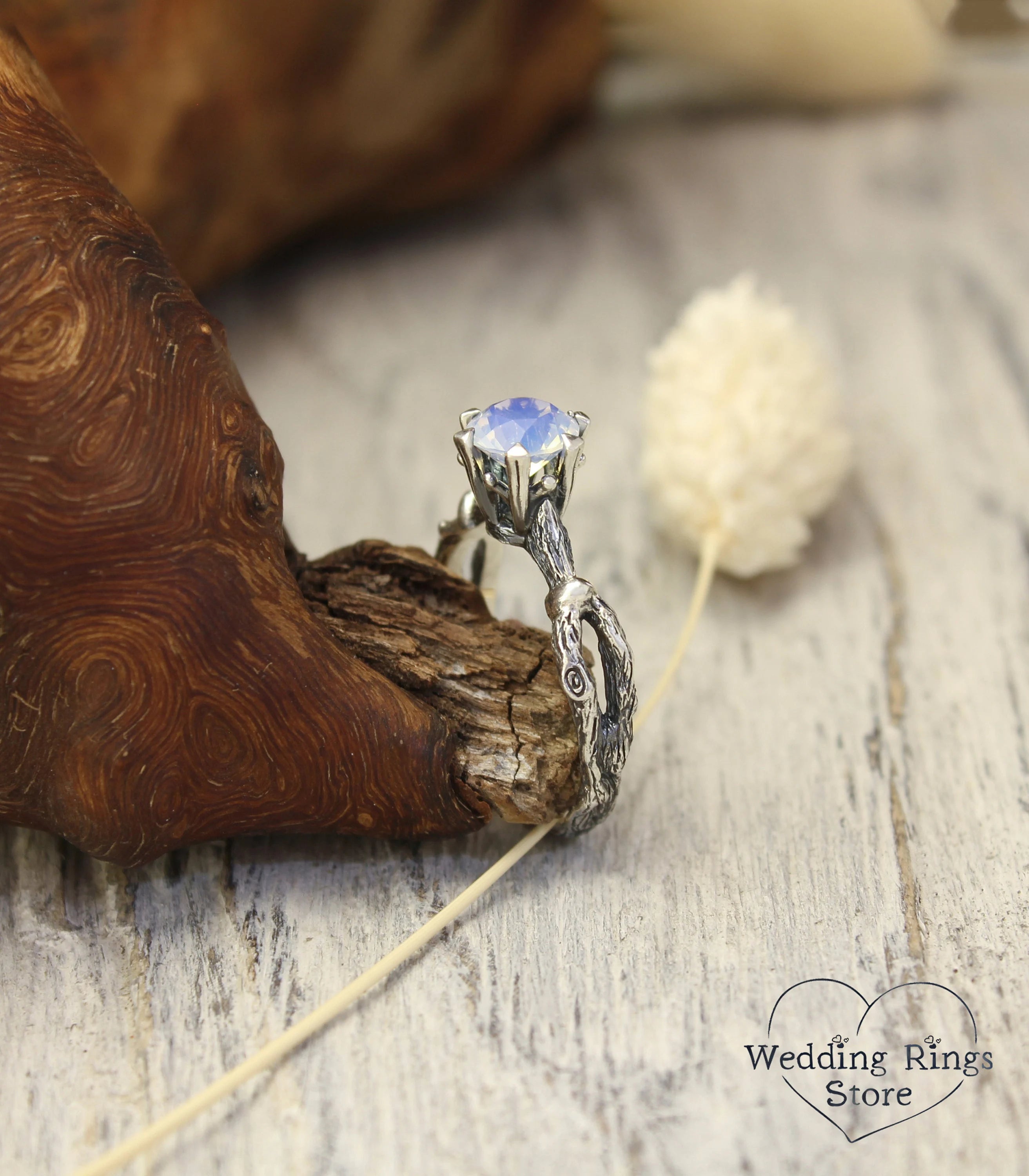 Moonstone Art deco Silver Twig Engagement Ring for Her